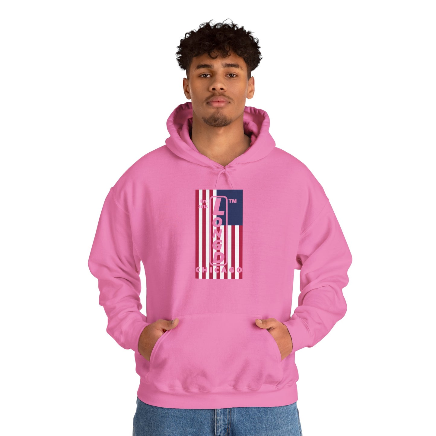 LongD® negative flag upright Chicago logo hoodie