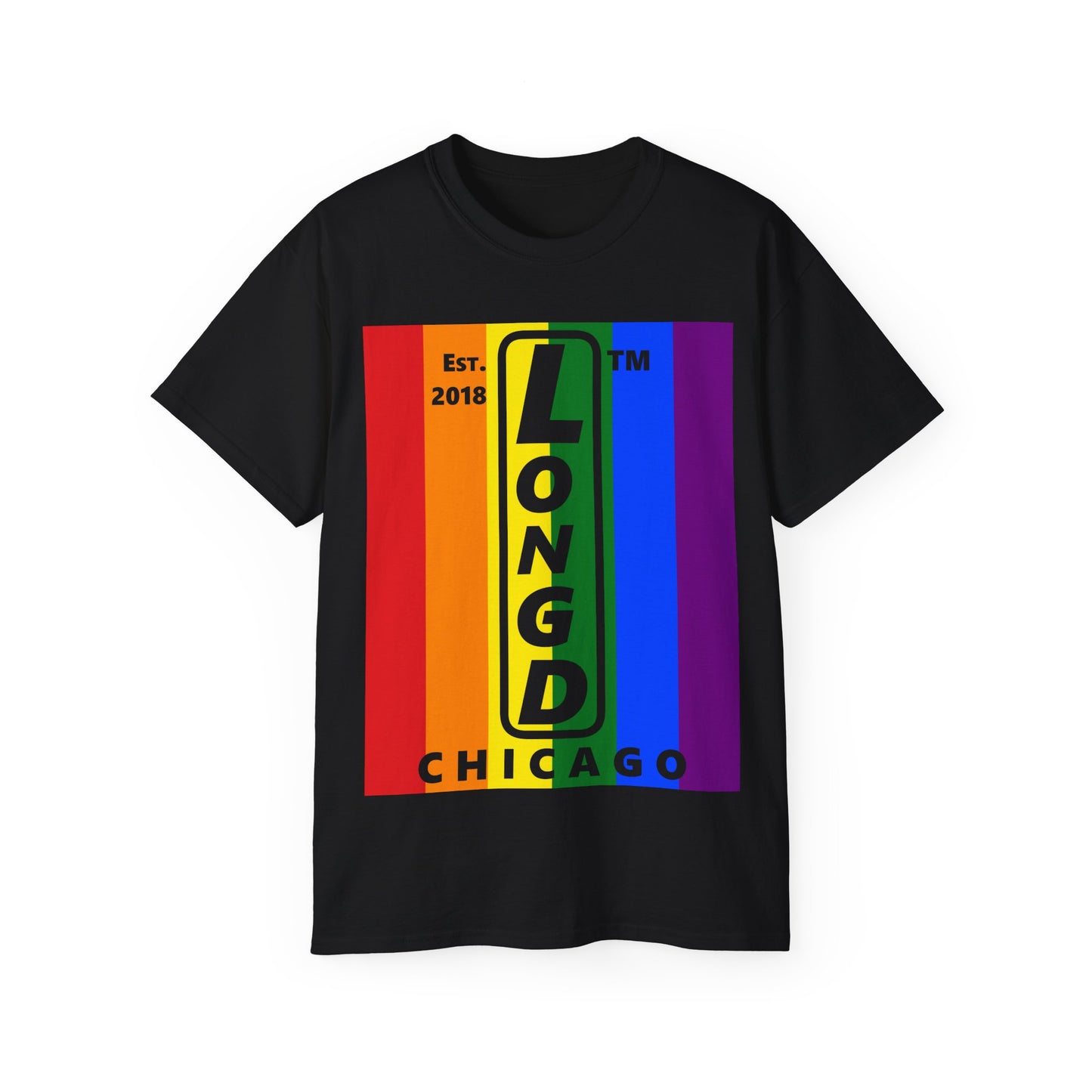 LongD Cotton Tee negative vertical striped Chicago upright logo (Pride colors)