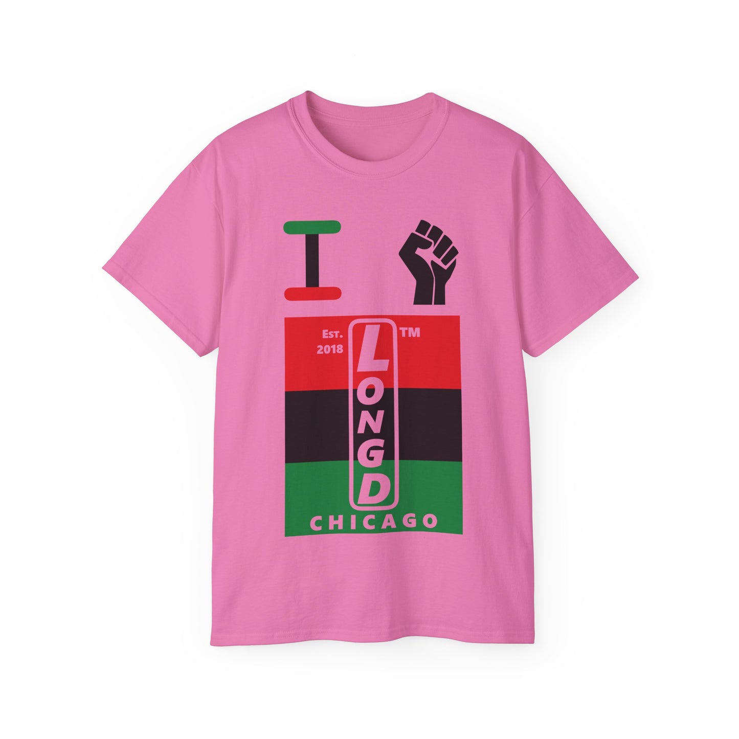 I fist LongD Cotton Tee negative horizontal striped Chicago upright logo (Juneteenth colors)