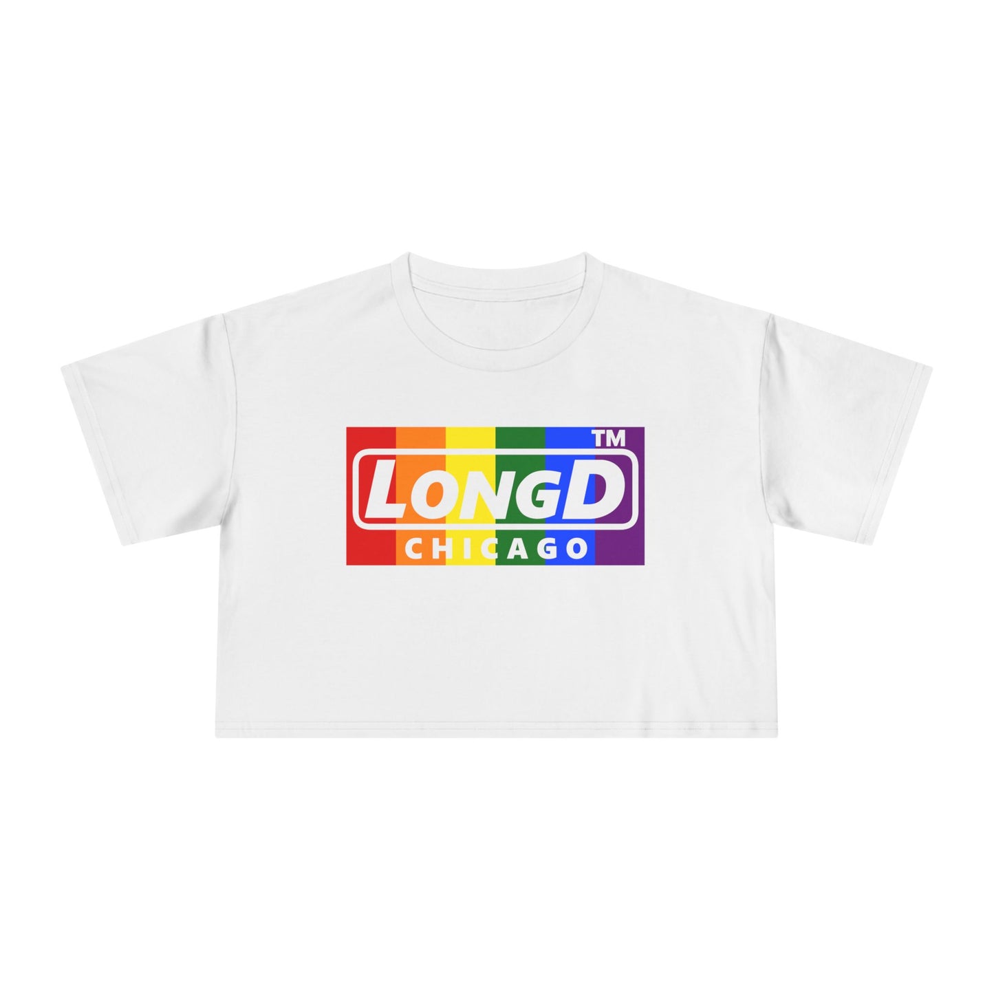 LongD negative vertical 6-striped Chicago logo crop tee (Pride colors)