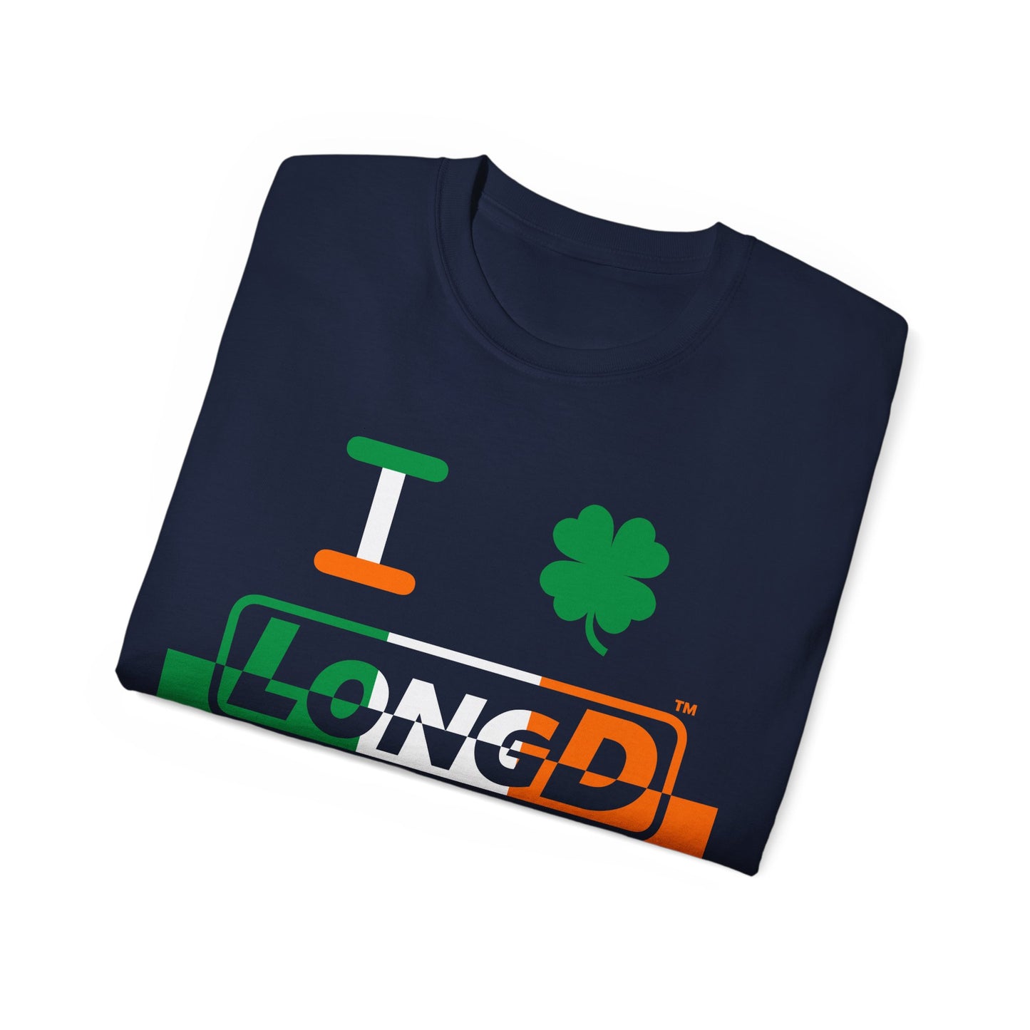 I Clover LongD® Logo Cotton Tee (St. Patrick's Day -Irish Green, White and Irish Orange thirds top-bottom positive-negative split with 4-leaf clover)