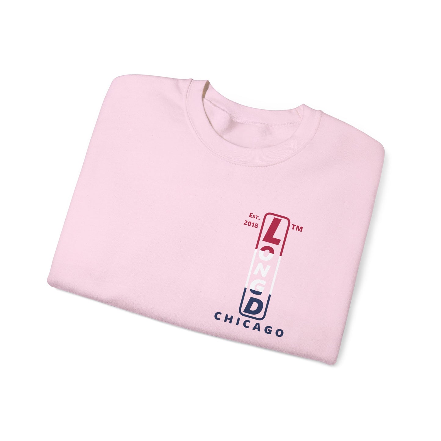 LongD positive horizontal 3-striped Chicago upright 4-print single-breasted logo crewneck sweatshirt (patriotic colors)