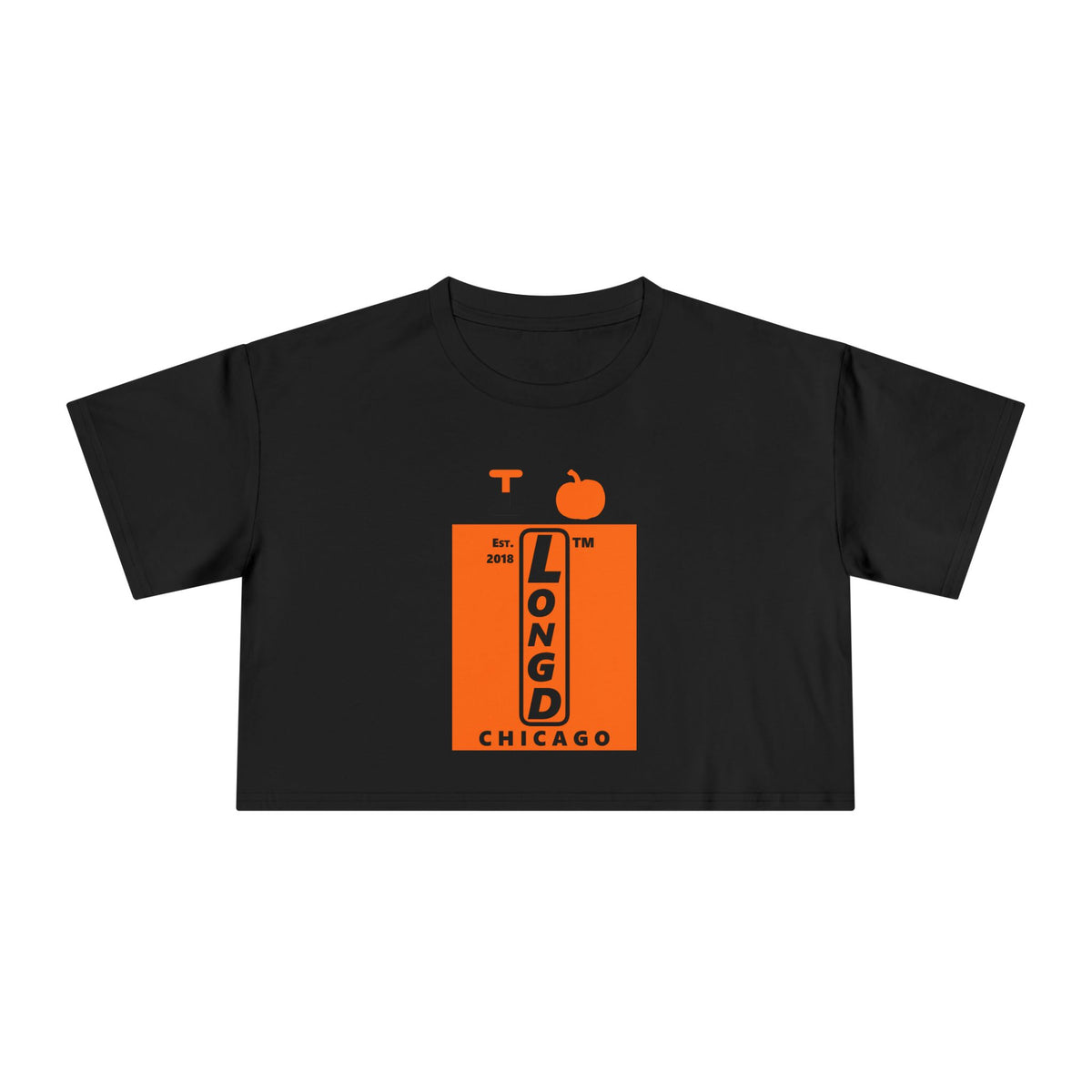 I pumpkin LongD Chicago upright logo positive black on negative orange crop tee