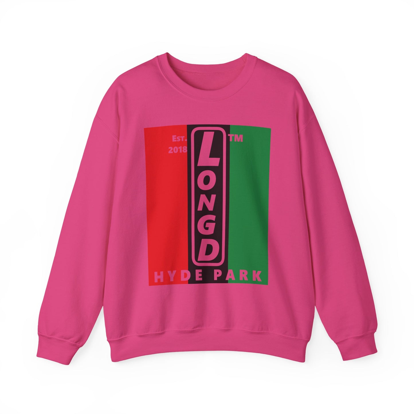 LongD negative vertical 3-striped Hyde Park upright logo crewneck sweatshirt (Juneteenth colors)