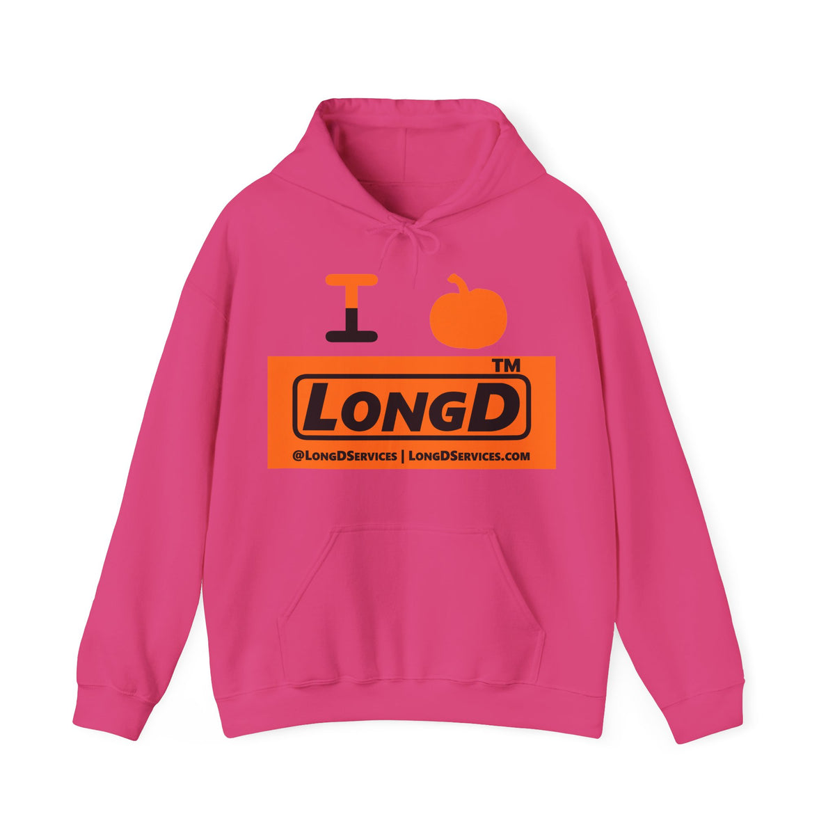 I pumpkin LongD Tag-domain logo positive black on negative orange hoodie