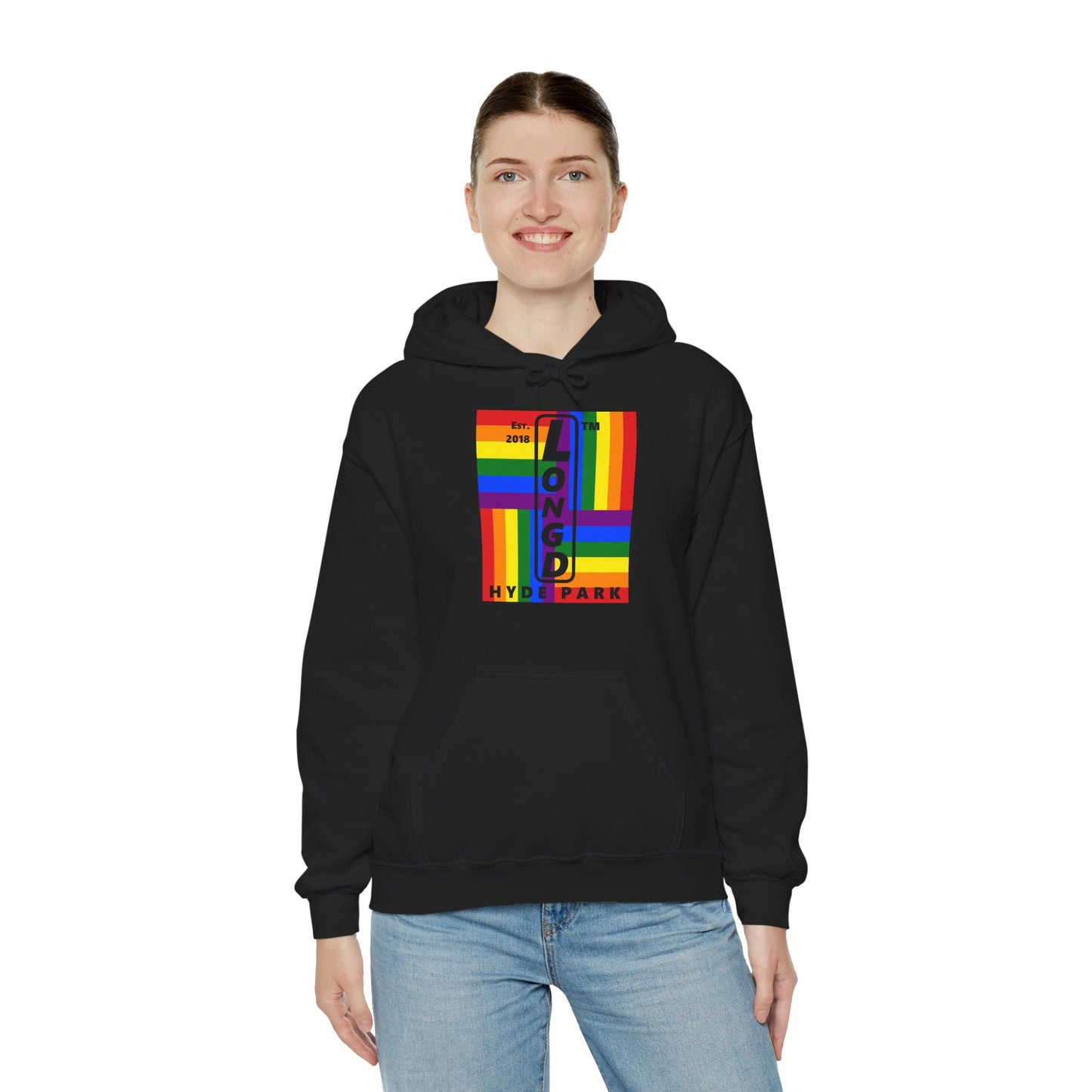 LongD® negative windmill upright Hyde Park logo hoodie (Pride colors)
