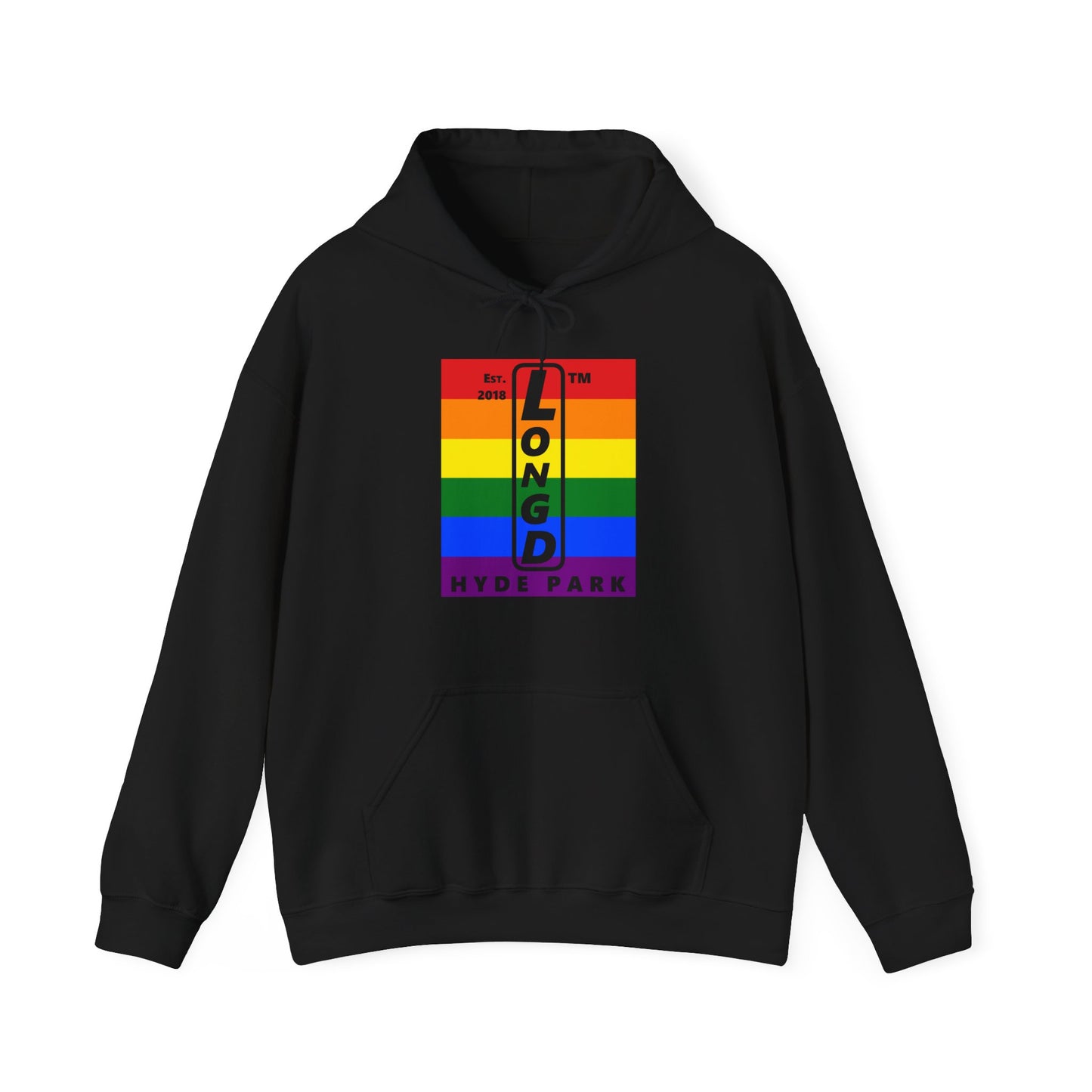 LongD® negative horizontal 6-striped upright Hyde Park logo hoodie (Pride colors)