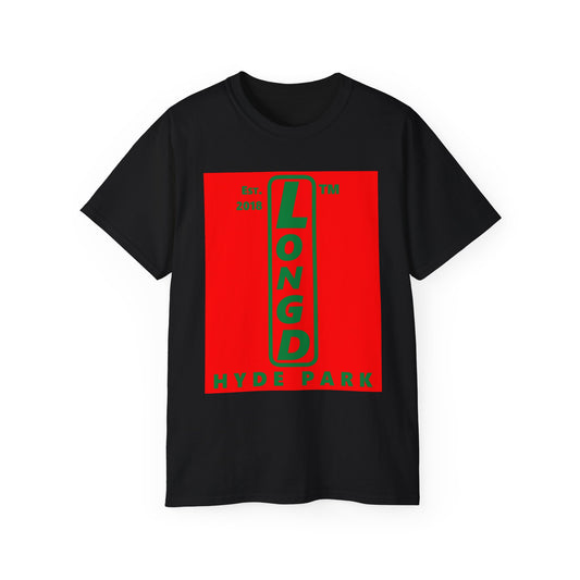 LongD Hyde Park upright logo positive green on negative red (Xmas colors) cotton tee