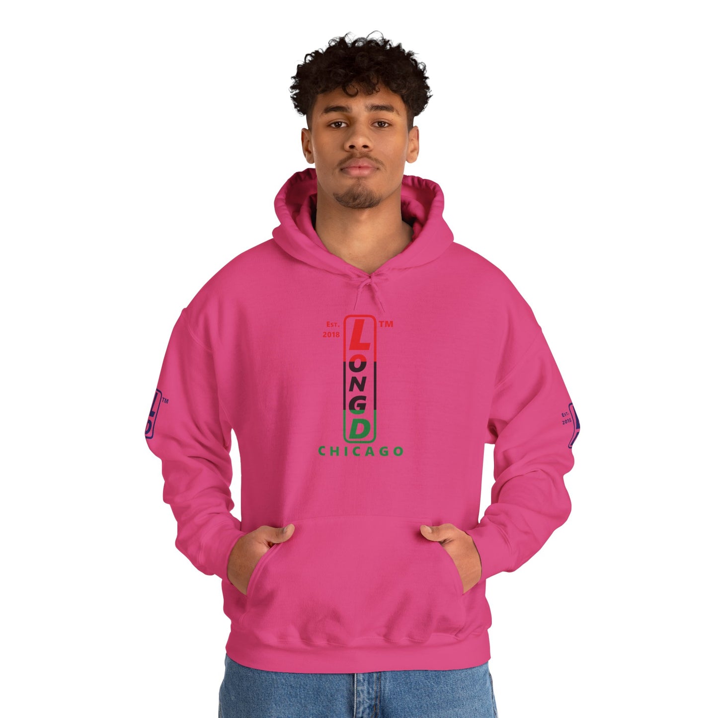 LongD® positive horizontal 3-striped Chicago 4-print upright logo hoodie (Juneteenth colors)