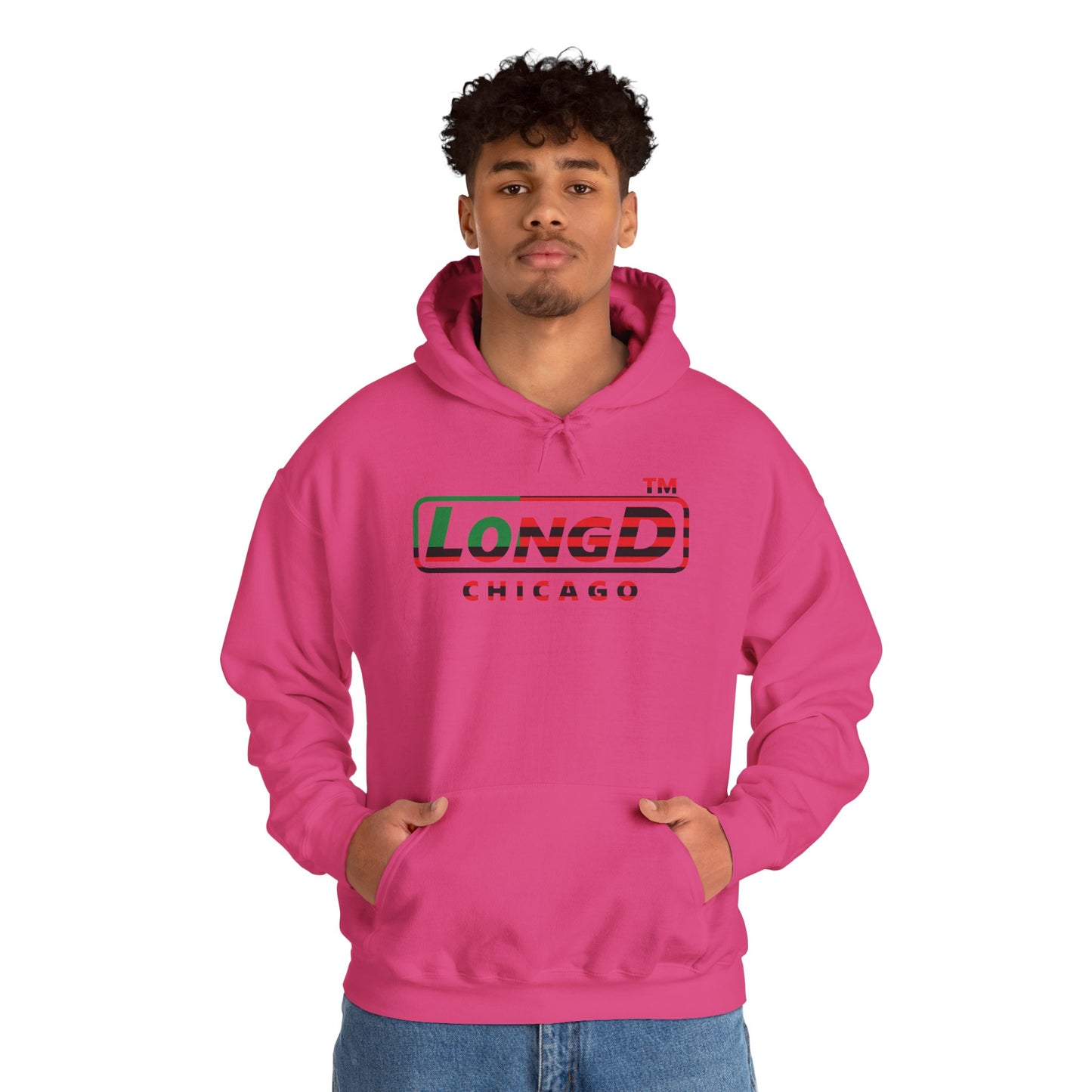 LongD® positive flag front-back Chicago logo Hoodie (Juneteenth colors)