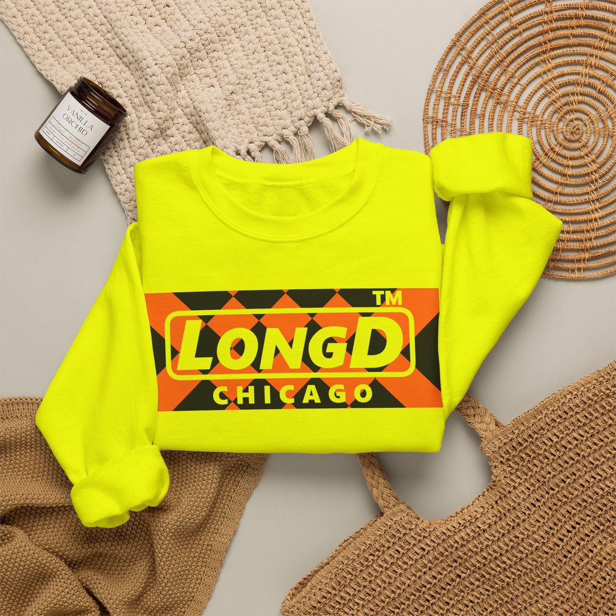 LongD Chicago negative stylized argyle logo (Halloween colors) crewneck sweatshirt