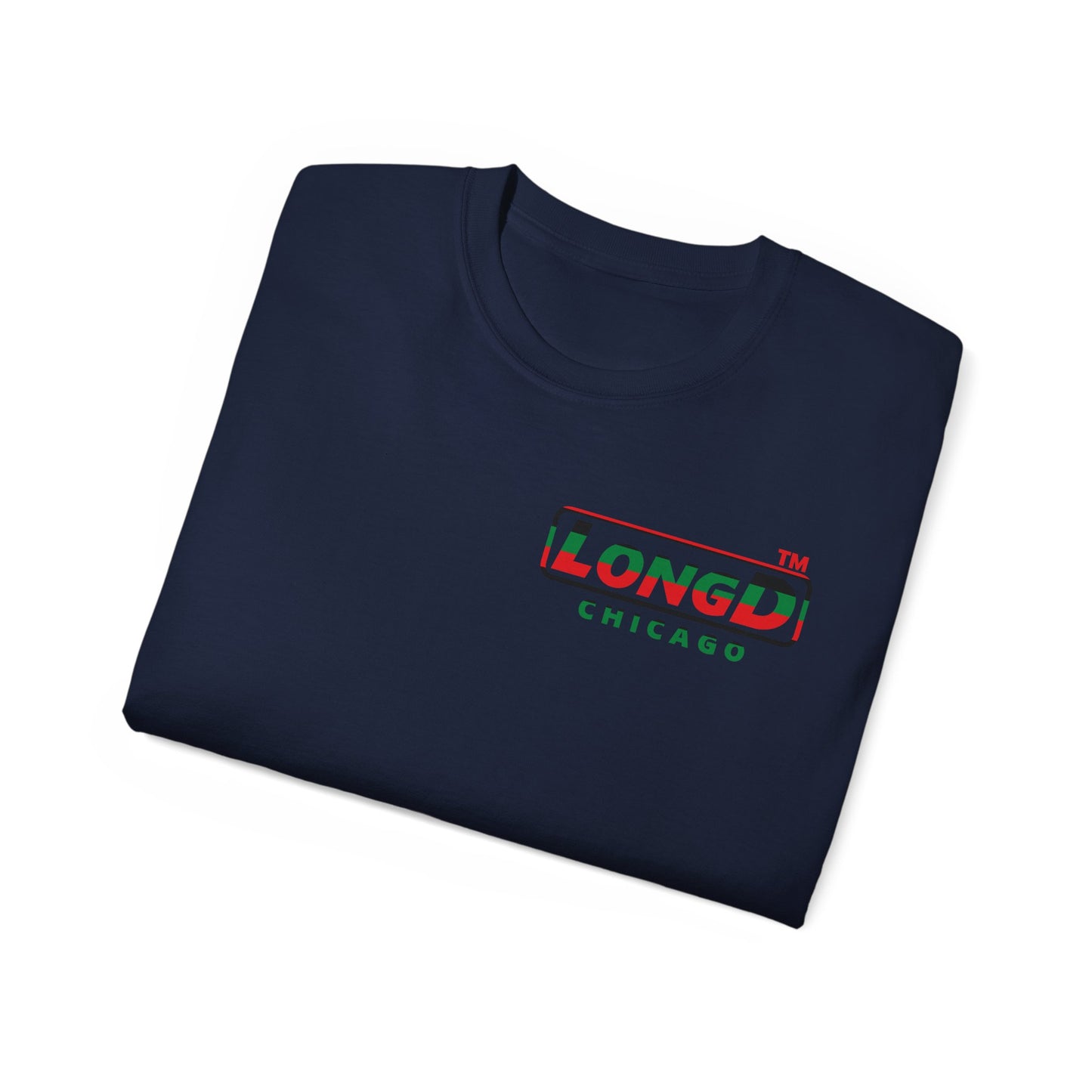 LongD positive horizontal 6-striped Chicago logo single-breasted front-back cotton tee (Juneteenth colors)