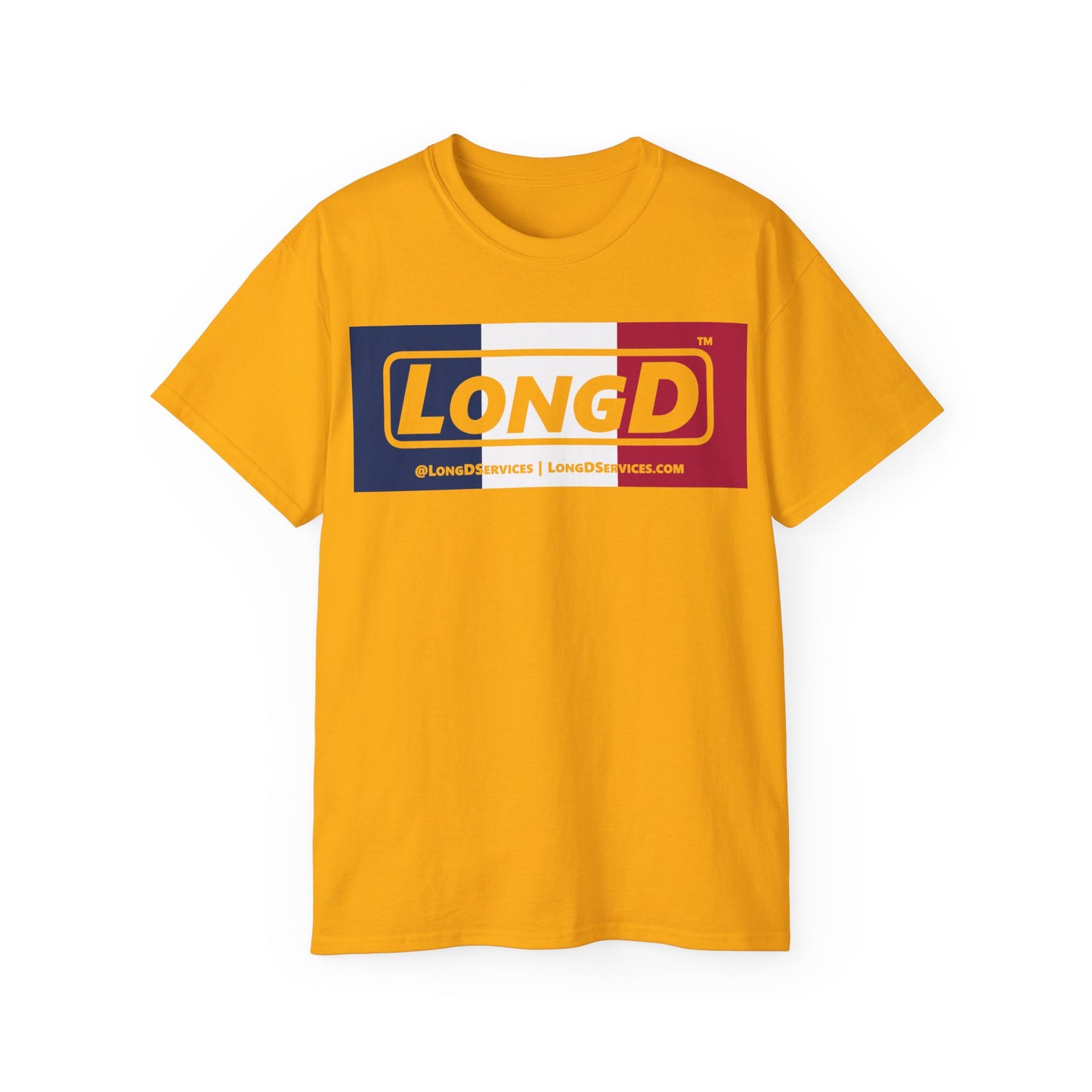 LongD® Logo Cotton Tee Blue, White and Red negative thirds text