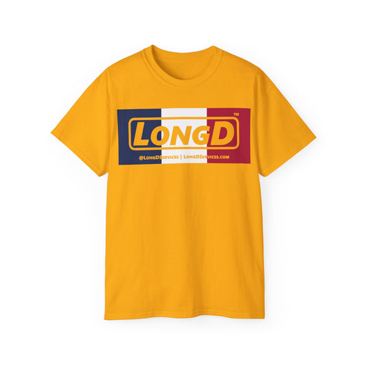 LongD® Logo Cotton Tee Blue, White and Red negative thirds text