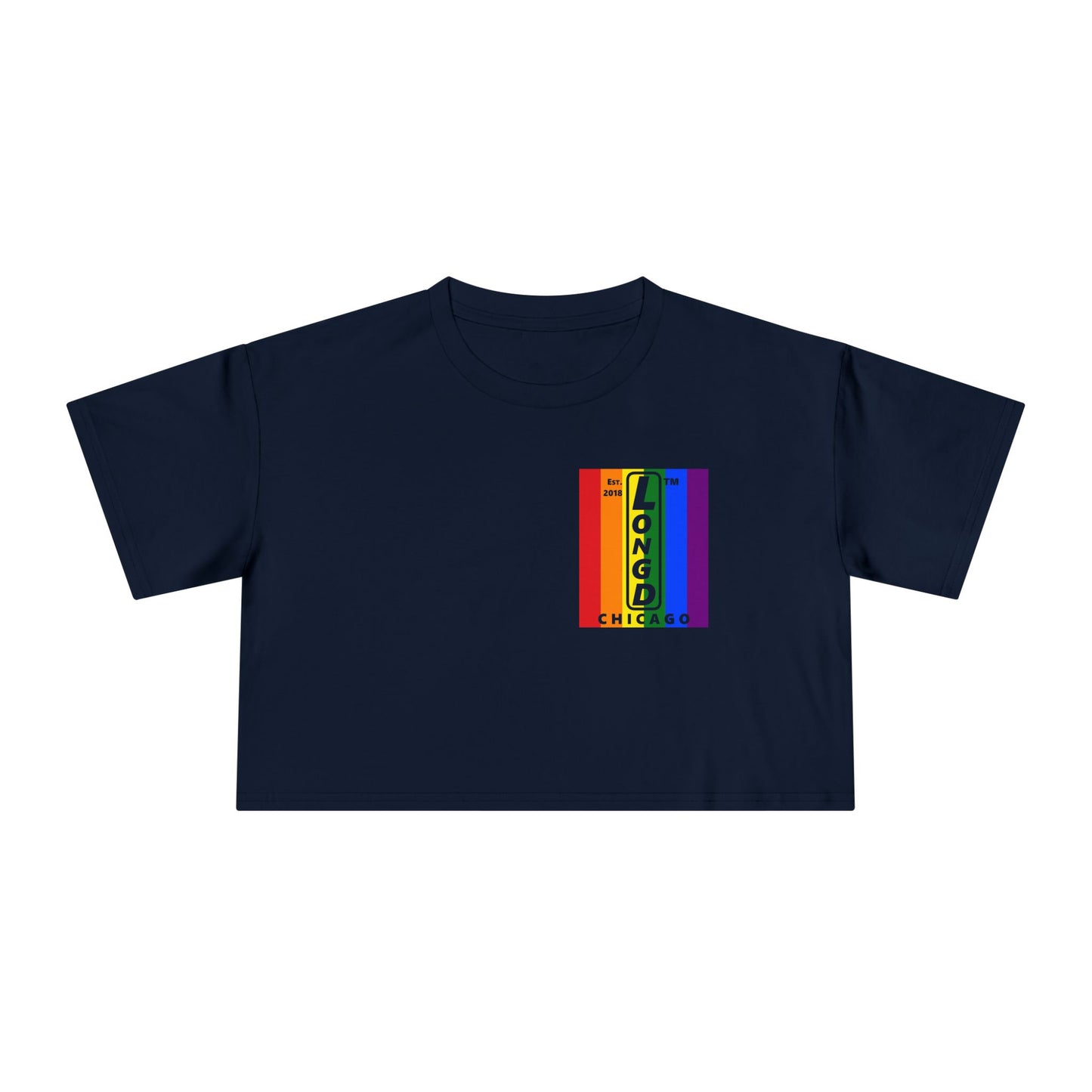 Negative vertical 6-striped upright single-breasted Chicago logo crop tee (Pride colors)