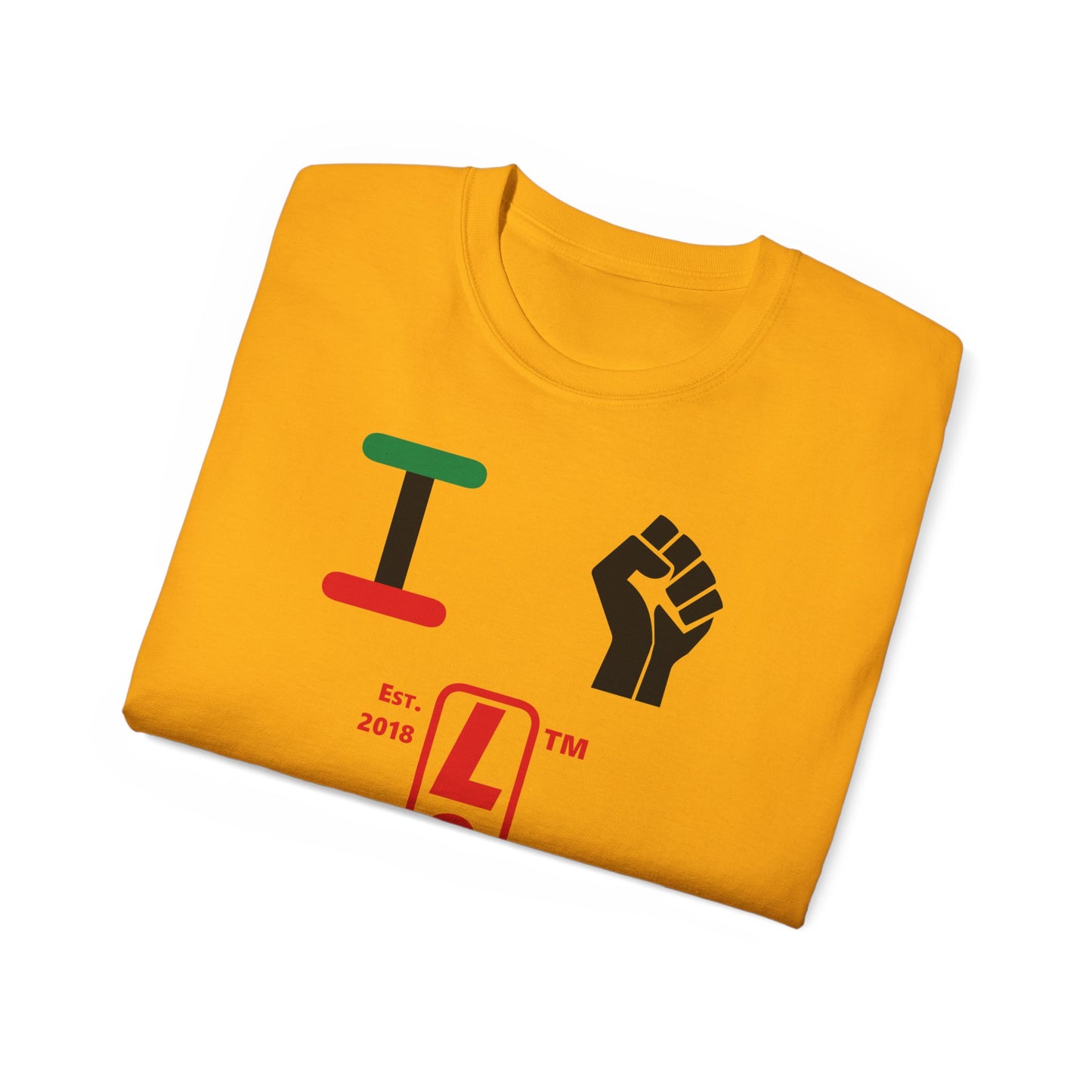 I fist LongD Cotton Tee positive horizontal striped Chicago upright logo (Juneteenth colors)