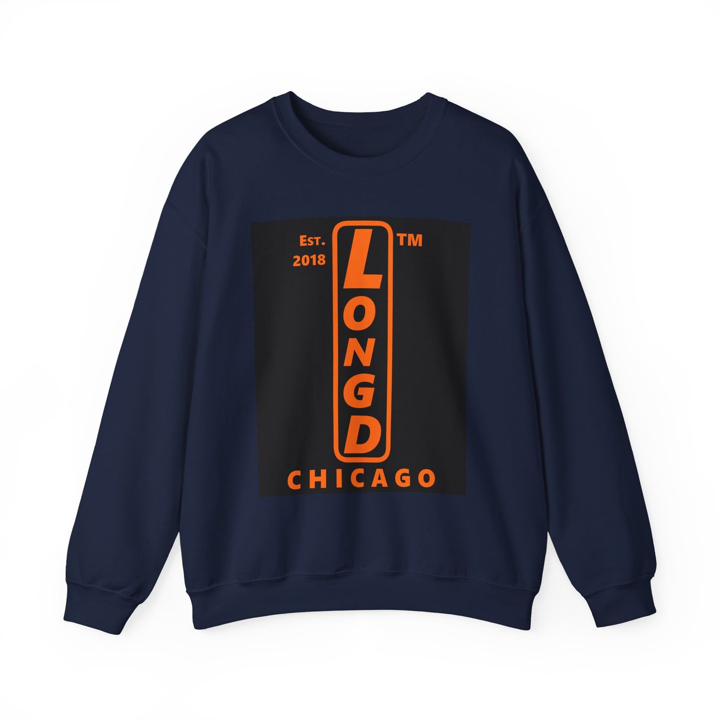 LongD Chicago upright front-back logo orange (FE7518) on Black (000000) crewneck sweatshirt