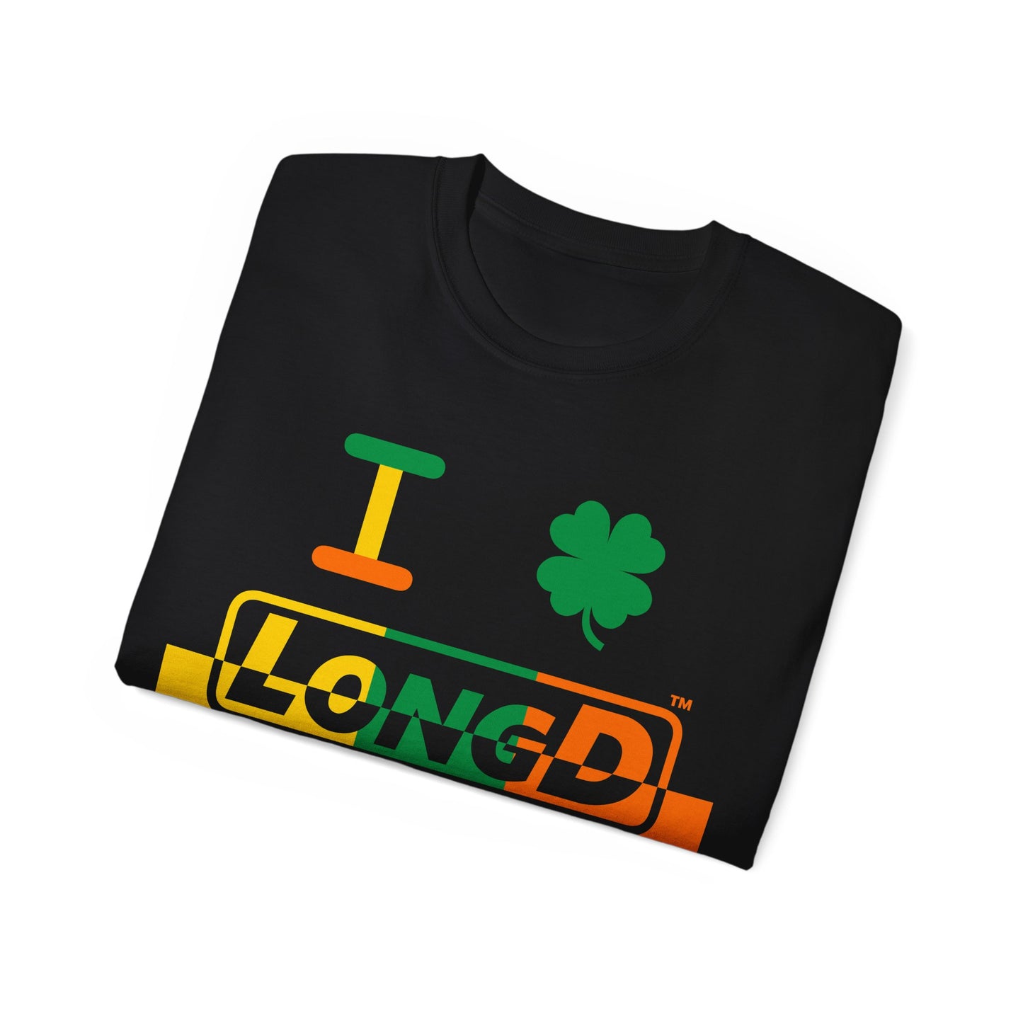 I Clover LongD® Logo Cotton Tee (St. Patrick's Day -Irish Green, Golden Yellow and Irish Orange thirds top-bottom positive-negative split with 4-leaf clover)