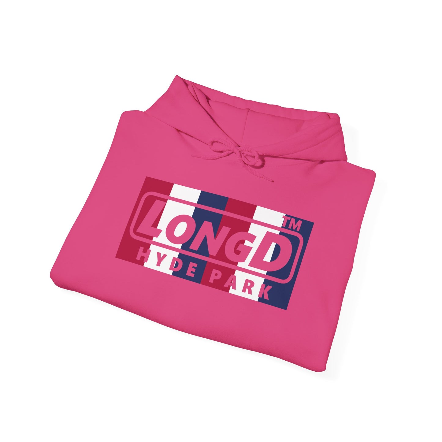 LongD® negative vertical 6-striped Hyde Park logo hoodie (patriotic colors)