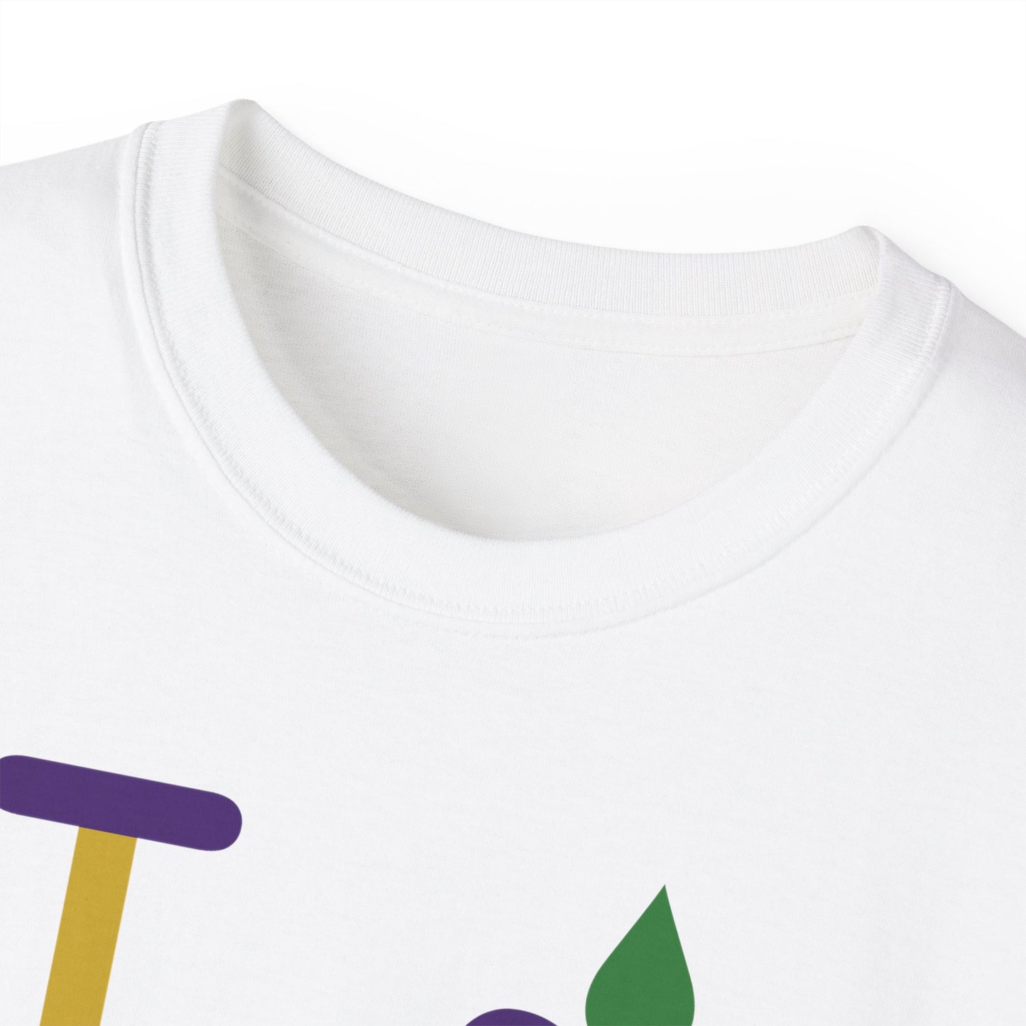 I Fluer LongD® Logo Cotton Tee (Mardi Gras colored text, negative logo & fleur de lis)