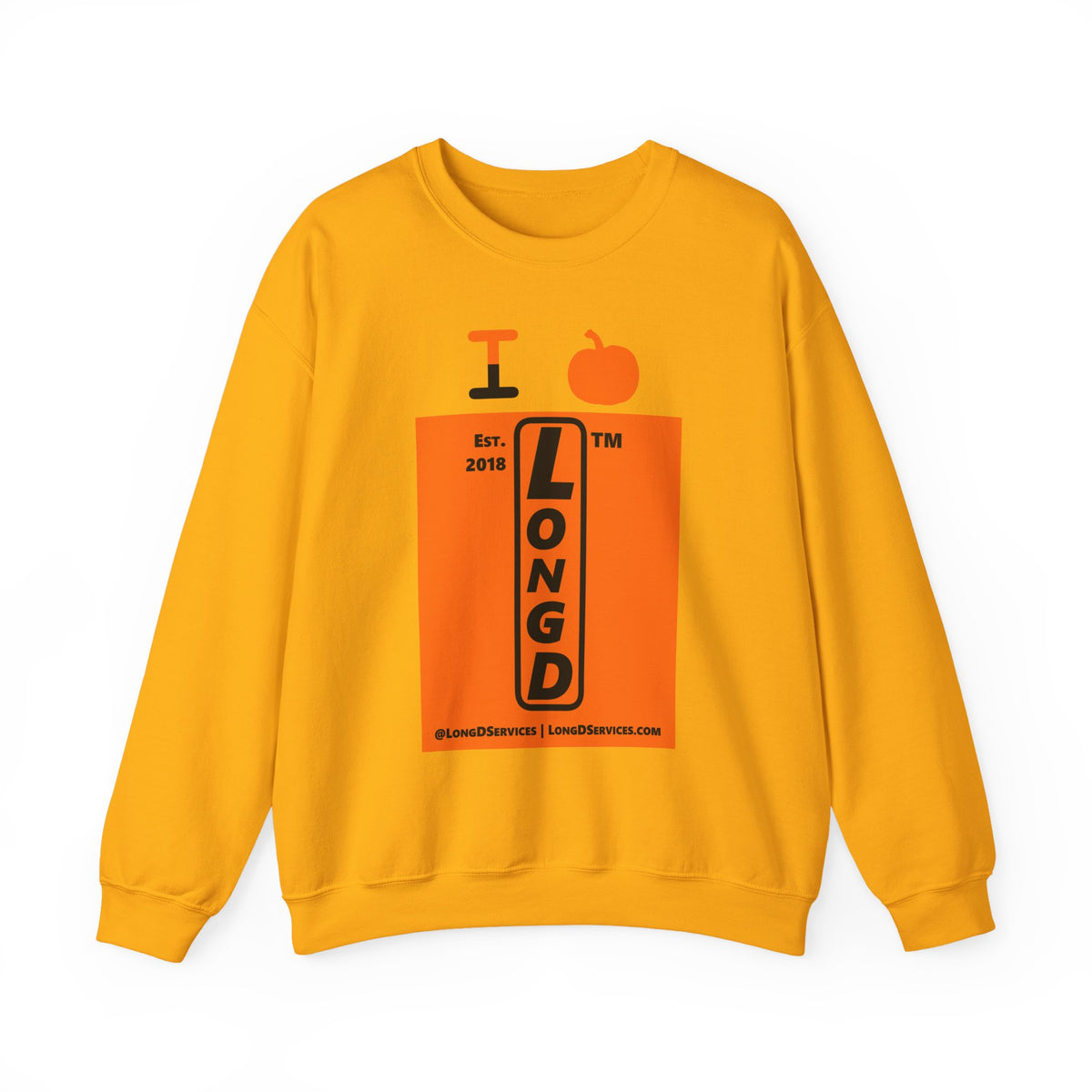I pumpkin LongD Tag-domain upright logo positive black on negative orange crewneck sweatshirt