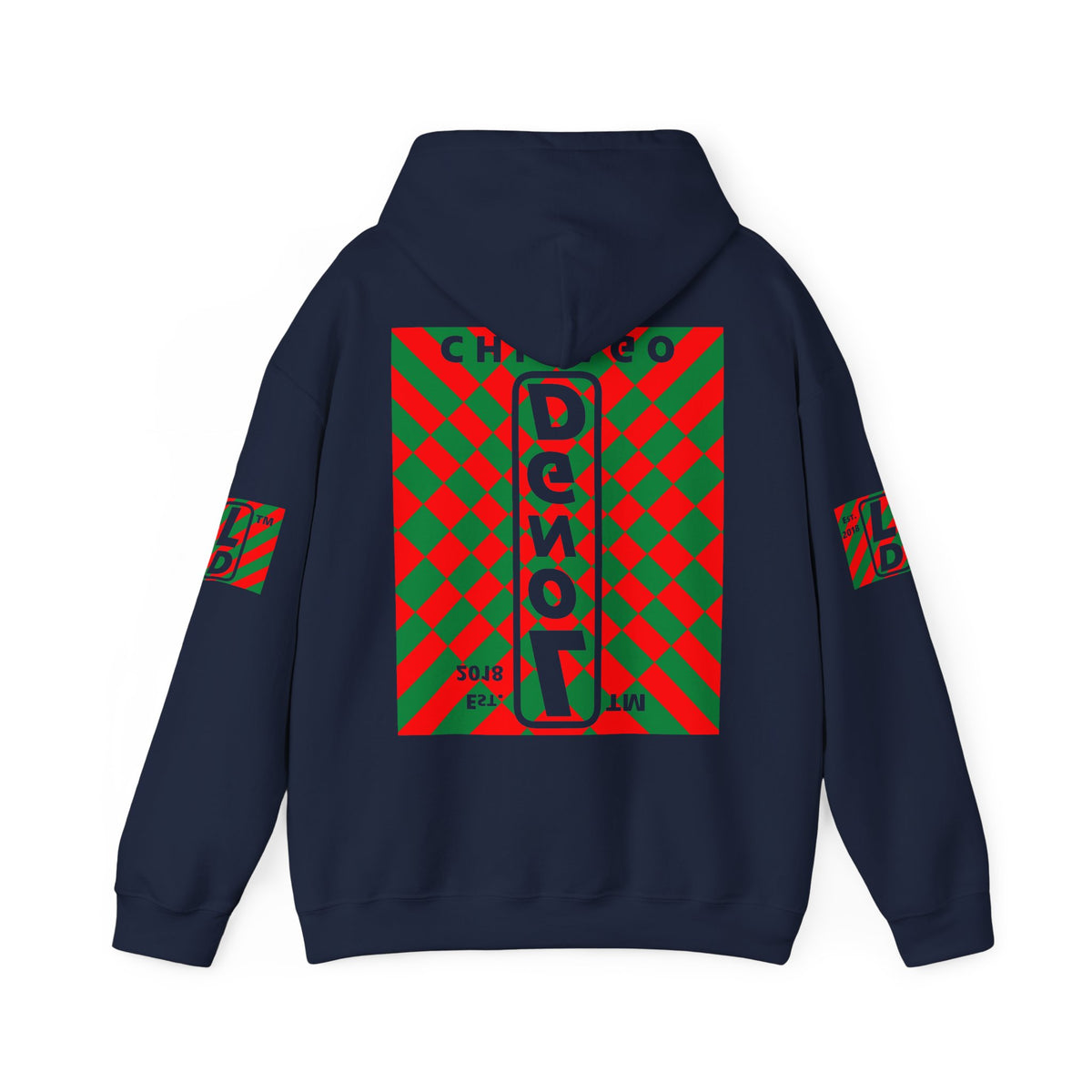 LongD Chicago negative upright stylized argyle 4-print logo (Xmas colors) hoodie