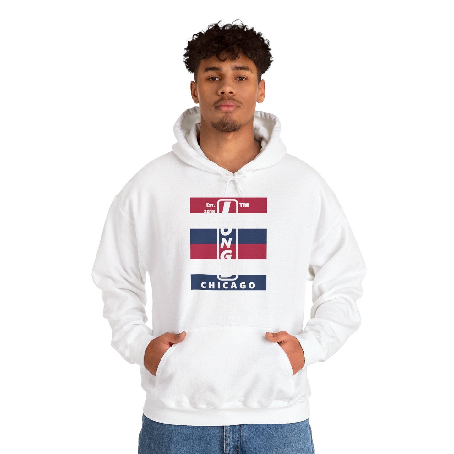 LongD® negative horizontal 6-striped upright Chicago logo hoodie