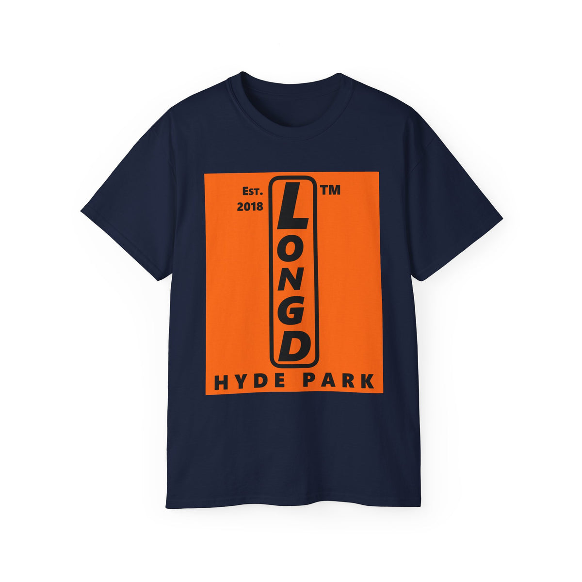 LongD Hyde Park upright logo Black (000000) on orange (FE7518) (Halloween colors) cotton tee