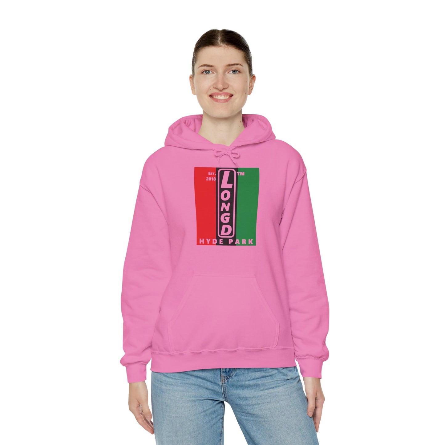 LongD® negative vertical 3-striped upright Hyde Park logo hoodie (Juneteenth colors)