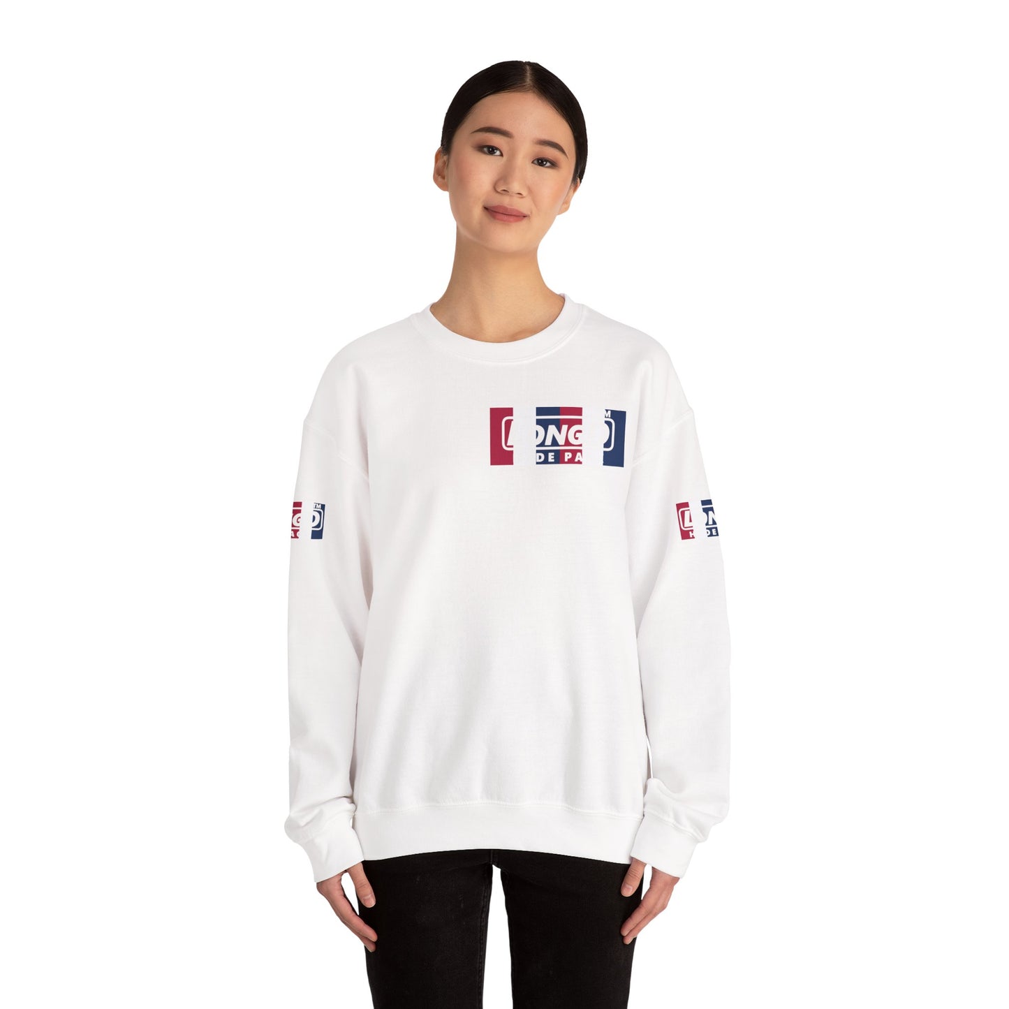 LongD negative vertical 6-striped 4-print single-breasted Hyde Park logo crewneck sweatshirt (patriotic colors)
