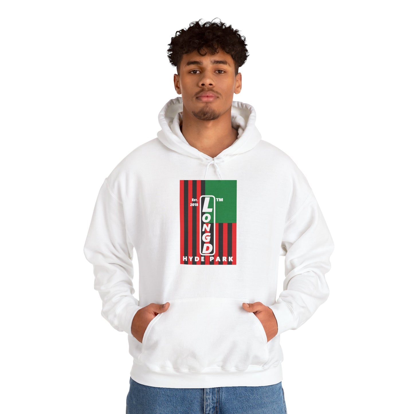 LongD® negative cropped flag upright Hyde Park logo hoodie (Juneteenth colors)