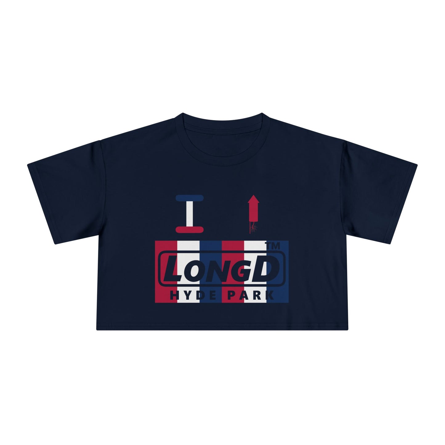 I firecracker LongD negative vertical 6-striped Hyde Park Logo Crop Tee (Patriotic colors)