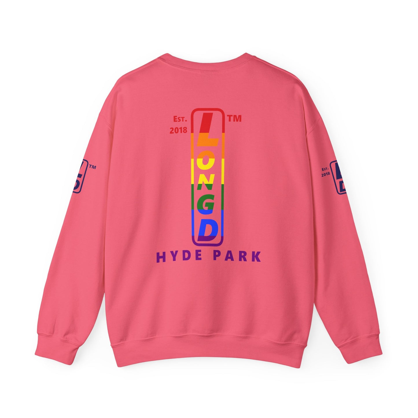 LongD positive horizontal 6-striped Hyde Park 4-print upright logo crewneck sweatshirt (Pride colors)