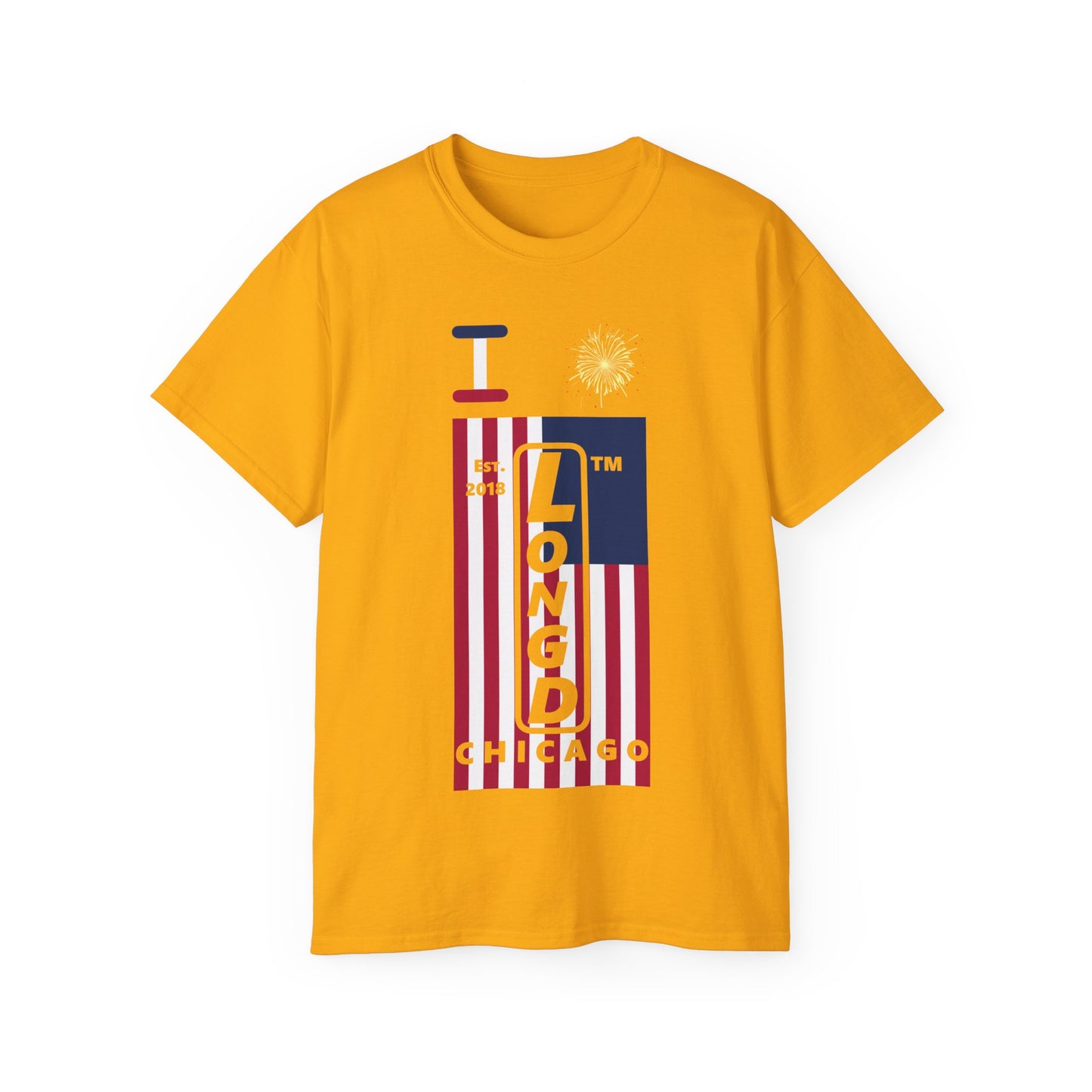 I Burst LongD cotton tee negative flag Chicago upright logo (Patriotic colors)
