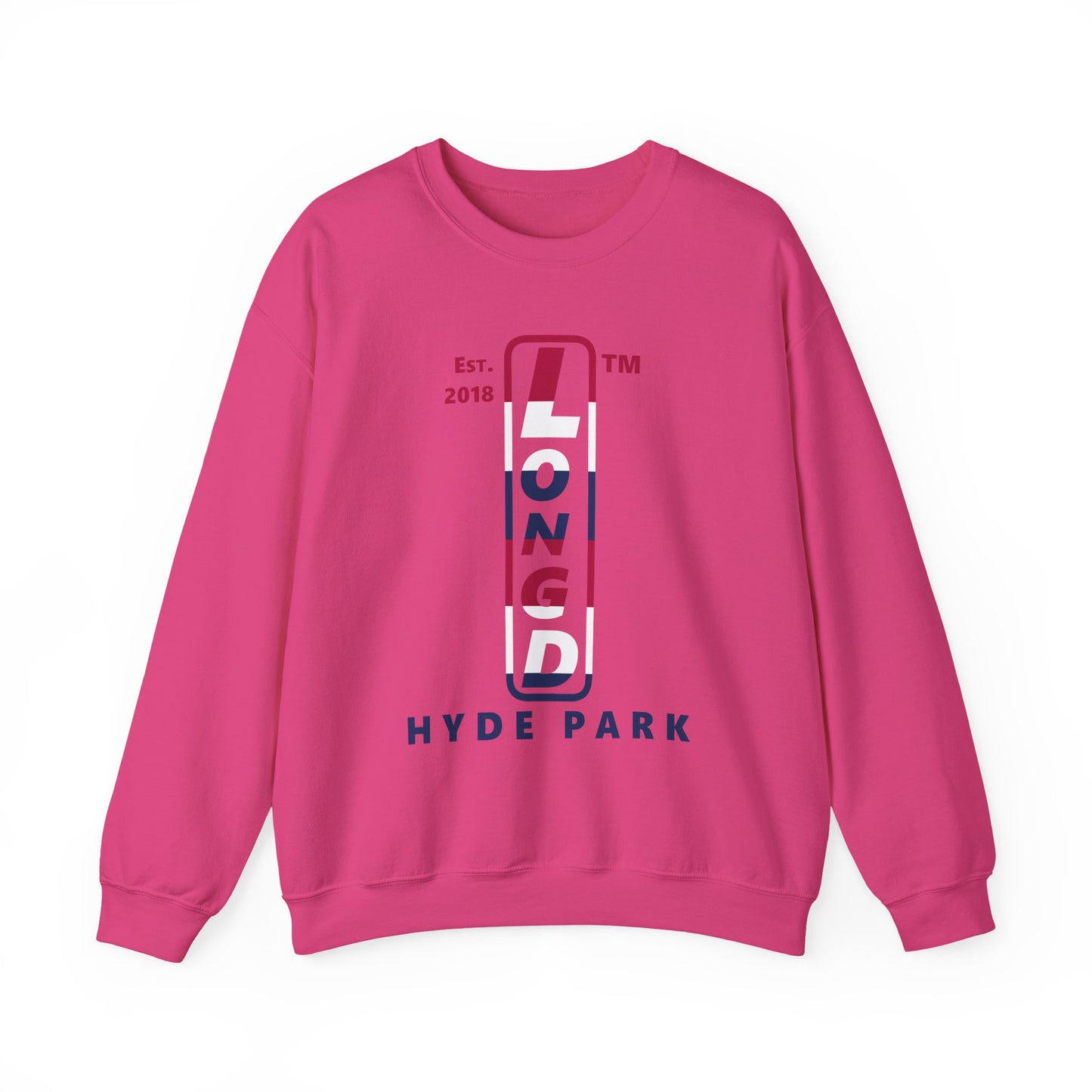 LongD positive horizontal 6-striped Hyde Park upright logo crewneck sweatshirt (patriotic colors)