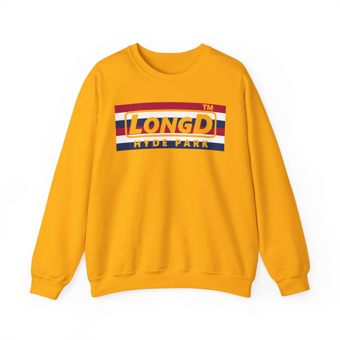 LongD negative horizontal 6-striped Hyde Park logo crewneck sweatshirt (patriotic colors)