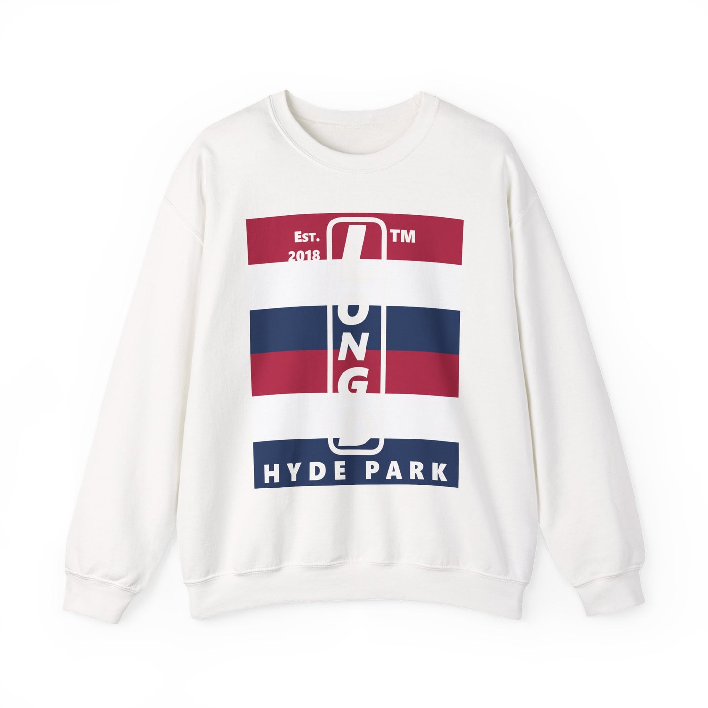 LongD negative horizontal 6-striped Hyde Park upright logo crewneck sweatshirt (patriotic colors)