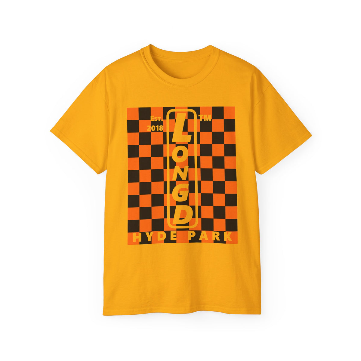 LongD Hyde Park negative upright checkered logo (Halloween colors) cotton tee