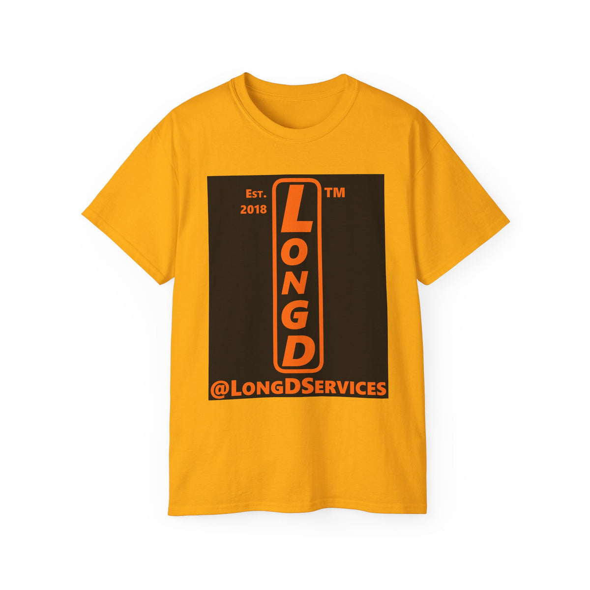 LongD Tag upright front-back logo orange (FE7518) on Black (000000) cotton tee
