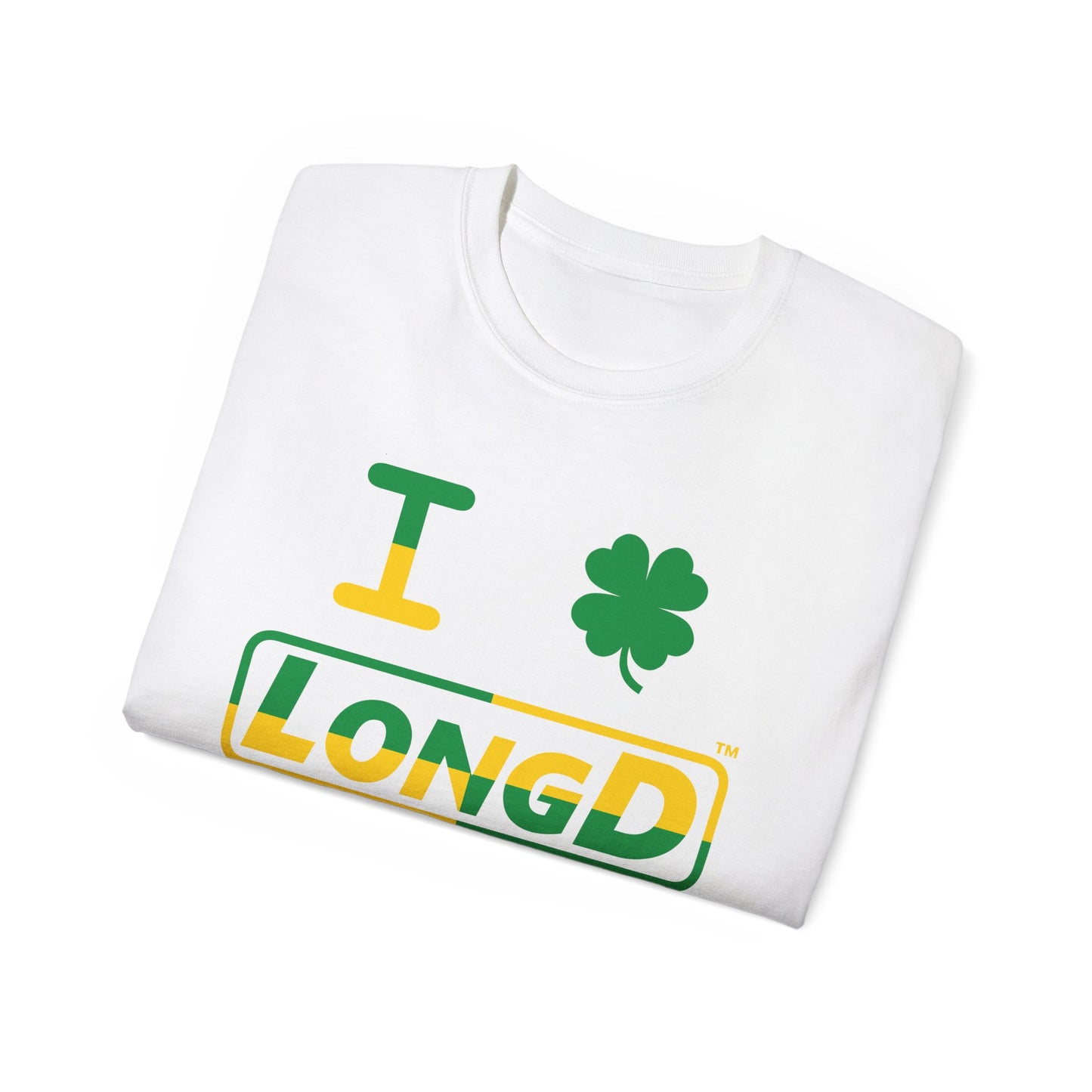 I Clover LongD® Logo Cotton Tee (St. Patrick's Day -Irish Green and Golden Yellow quarter split with 4-leaf clover)