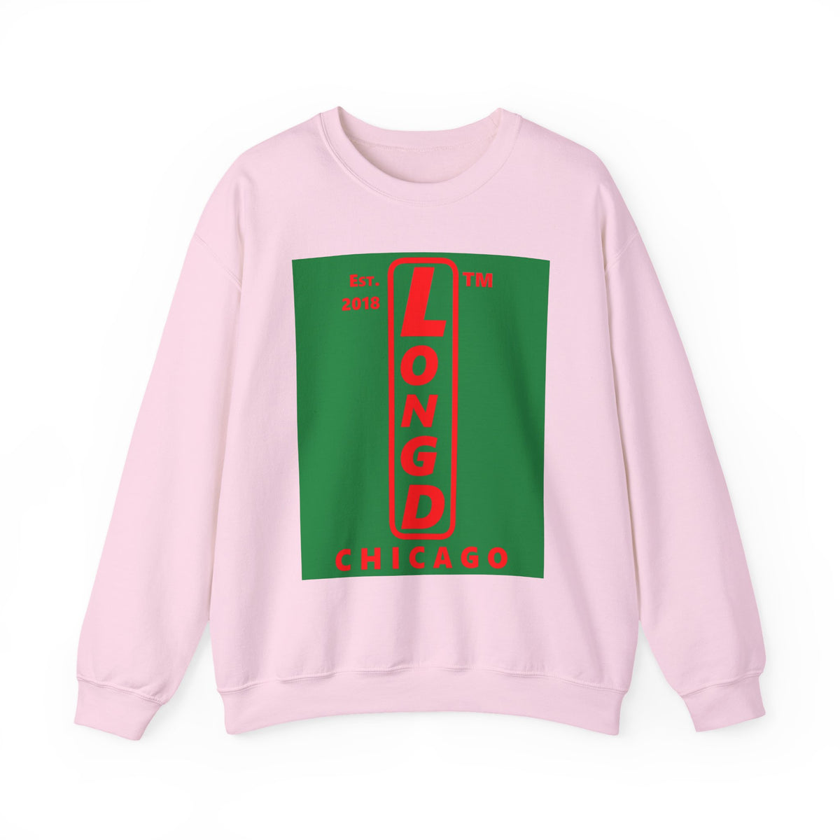 LongD Chicago upright logo positive red on negative green (Xmas colors) crewneck sweatshirt