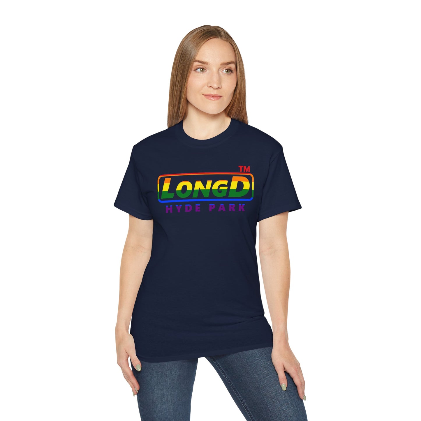 LongD positive vertical striped front-back Hyde Park logo cotton tee (Pride colors)