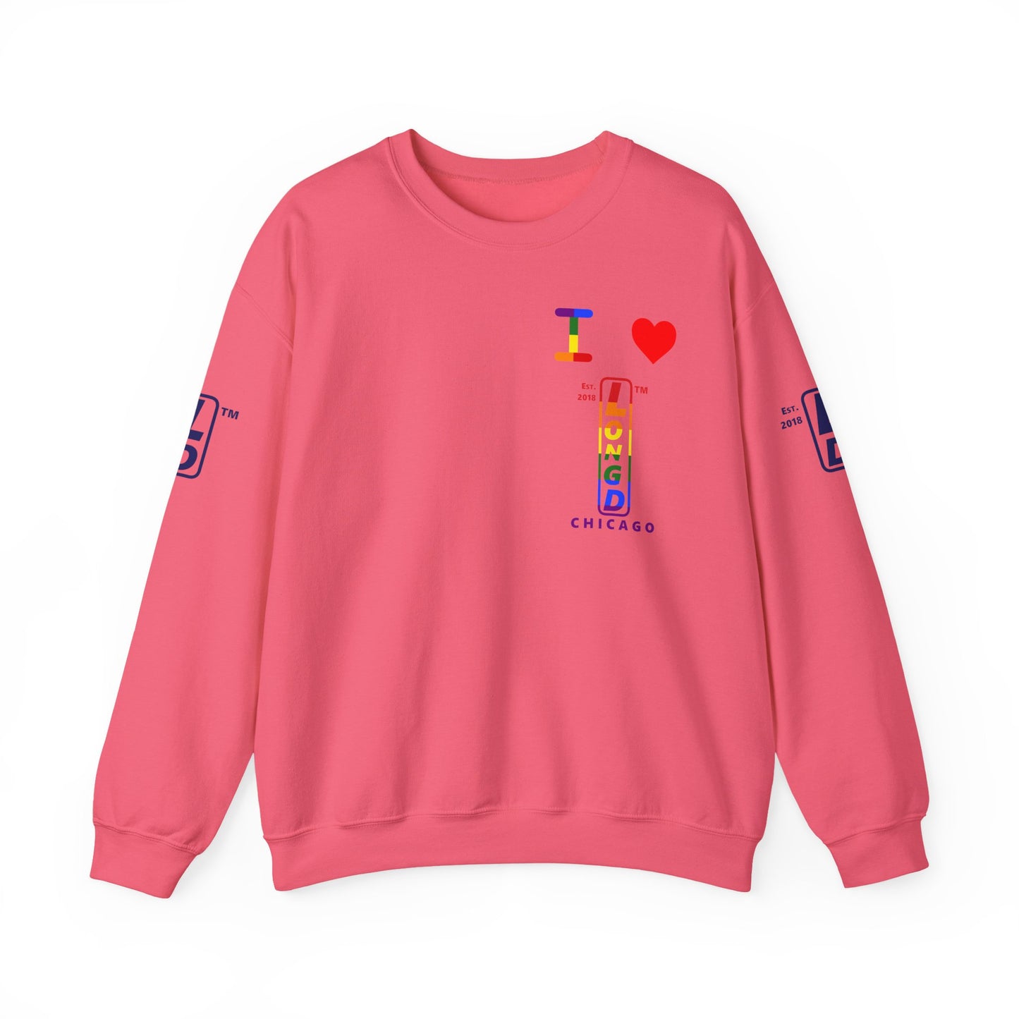I Luv LongD positive horizontal 6-striped Chicago upright 4-print single-breasted logo crewneck sweatshirt (Pride colors)