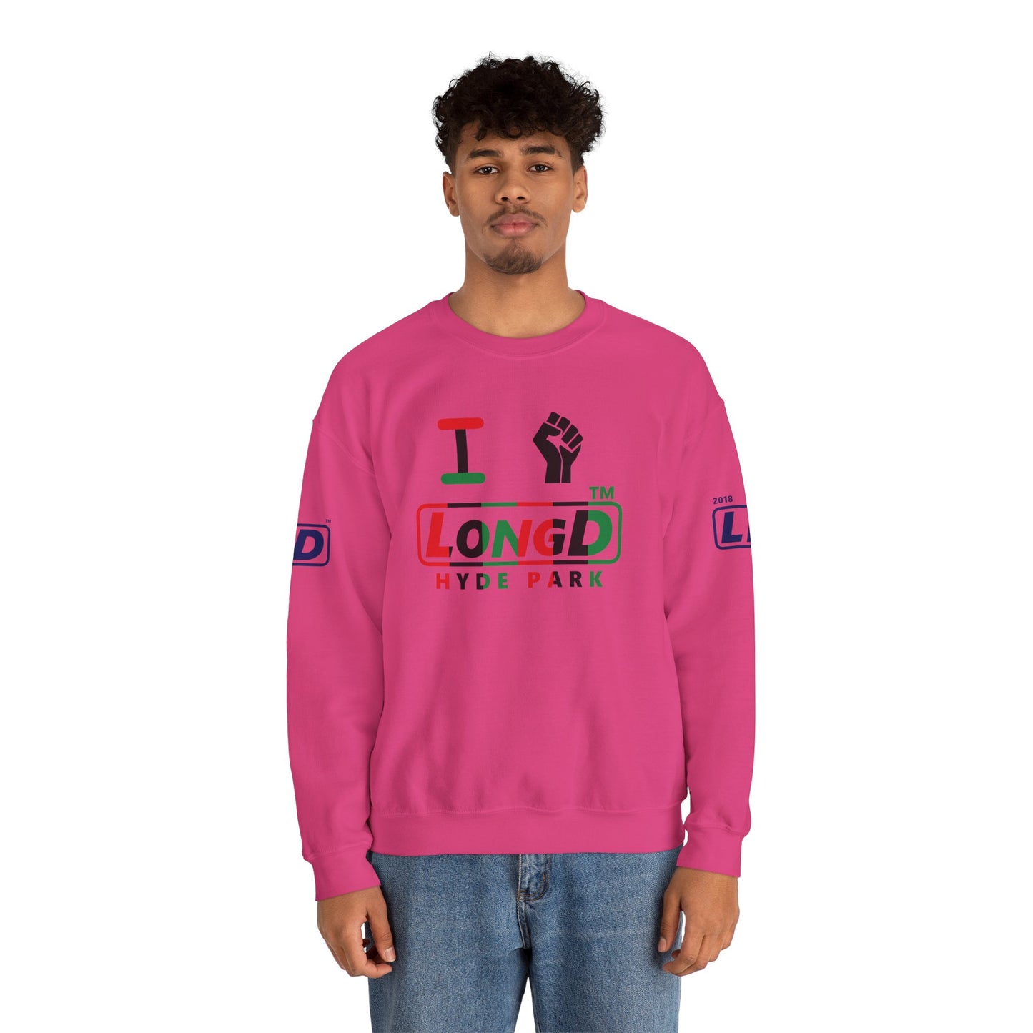 I fist LongD positive vertical 6-striped 4-print Hyde Park logo crewneck sweatshirt