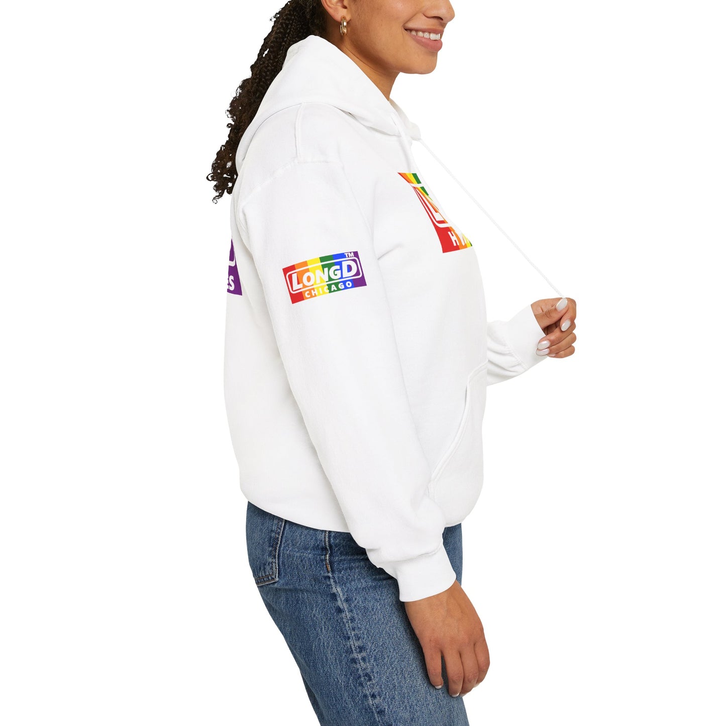 LongD® negative vertical striped 4-print Hyde Park logo hoodie (Pride colors)