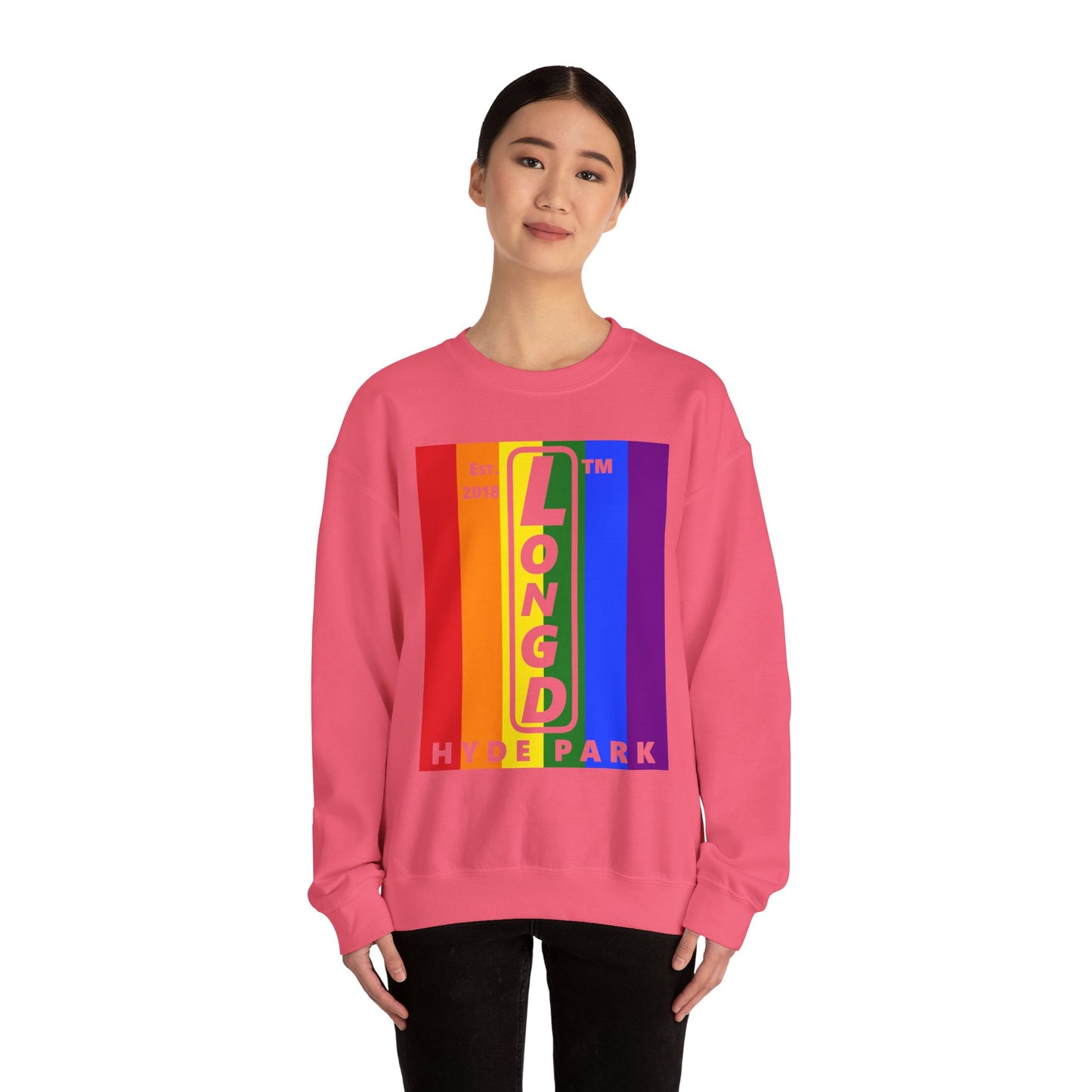 LongD negative cropped flag Hyde Park upright logo crewneck sweatshirt (Pride colors)