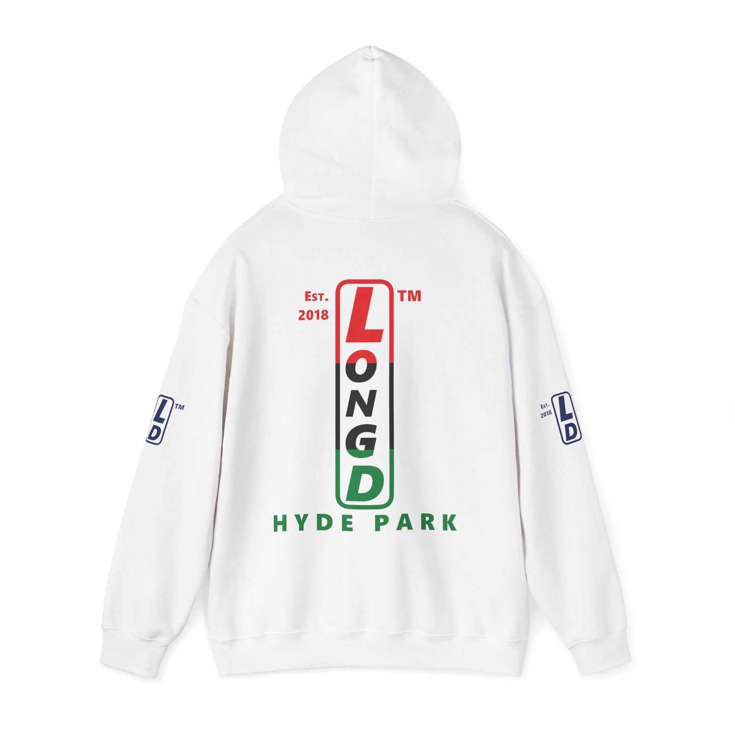 LongD® positive horizontal 3-striped Hyde Park 4-print upright logo hoodie (Juneteenth colors)