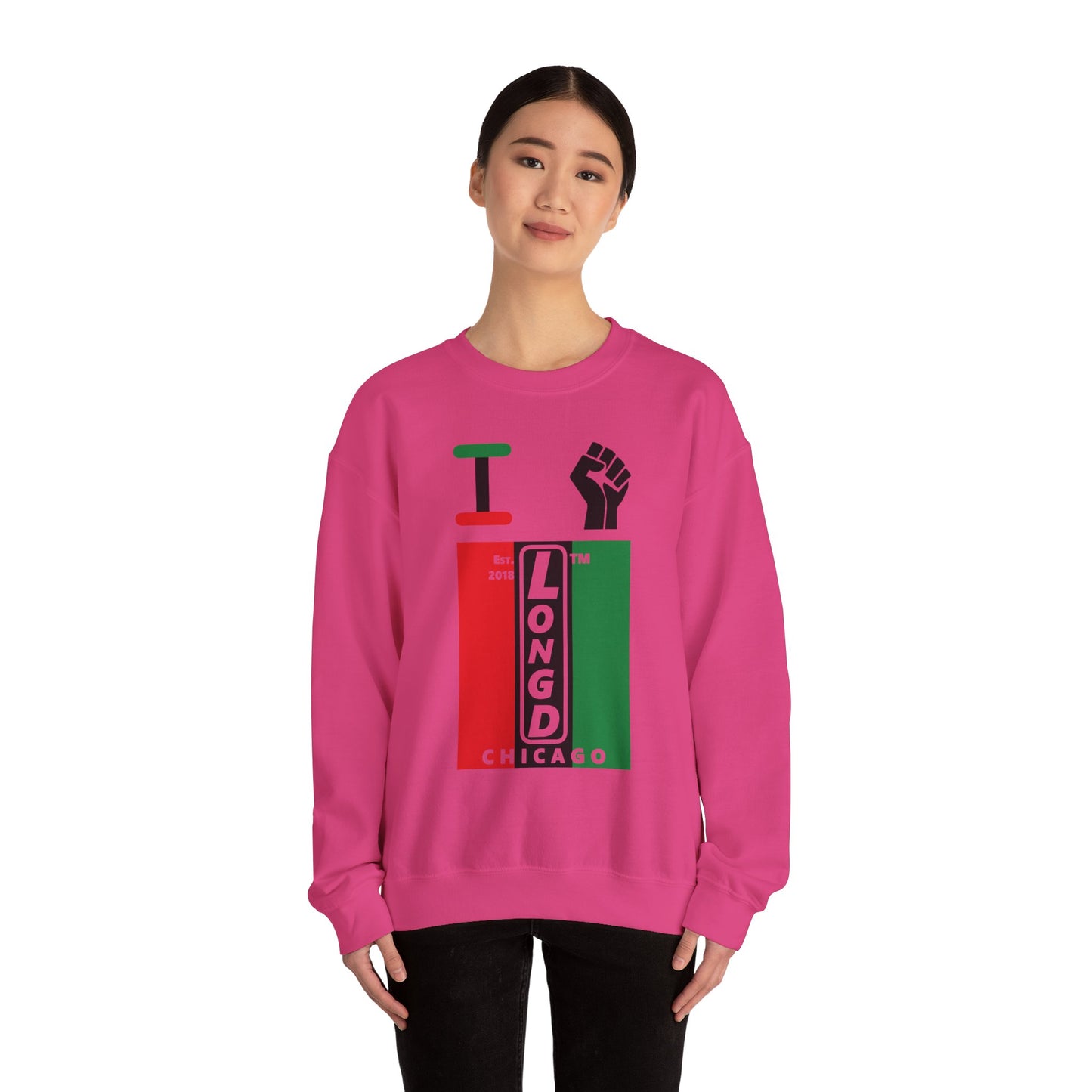 I Fist LongD negative vertical 3-striped Chicago upright logo crewneck sweatshirt