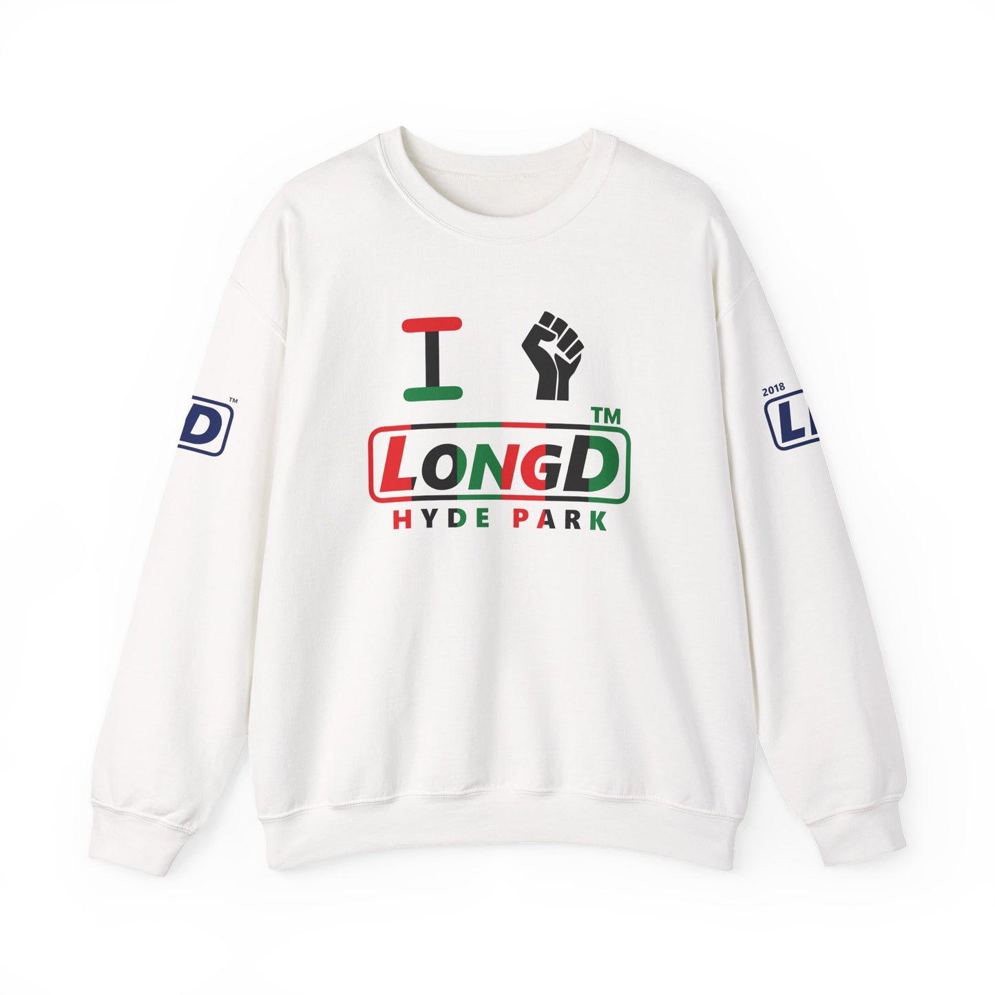 I fist LongD positive vertical 6-striped 4-print Hyde Park logo crewneck sweatshirt