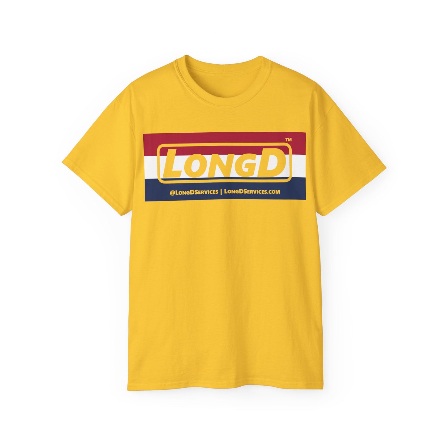 LongD® Logo Cotton Tee Red, White and Blue striped thirds negative text